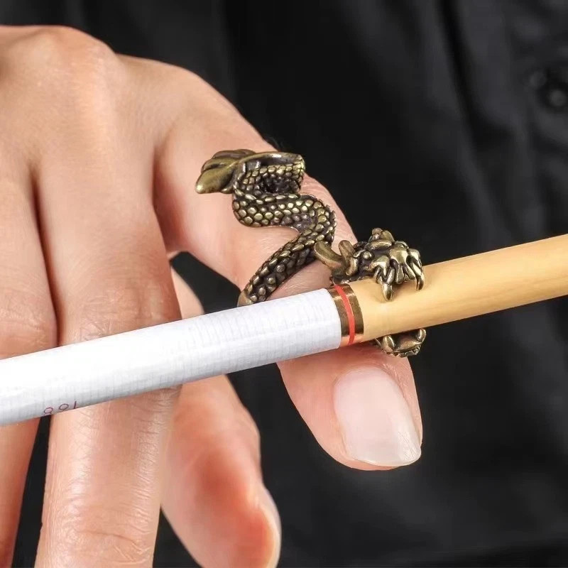 Retro Punk Dragon Cigarette Holder Ring for Men Women Bronze Adjustable Ring New