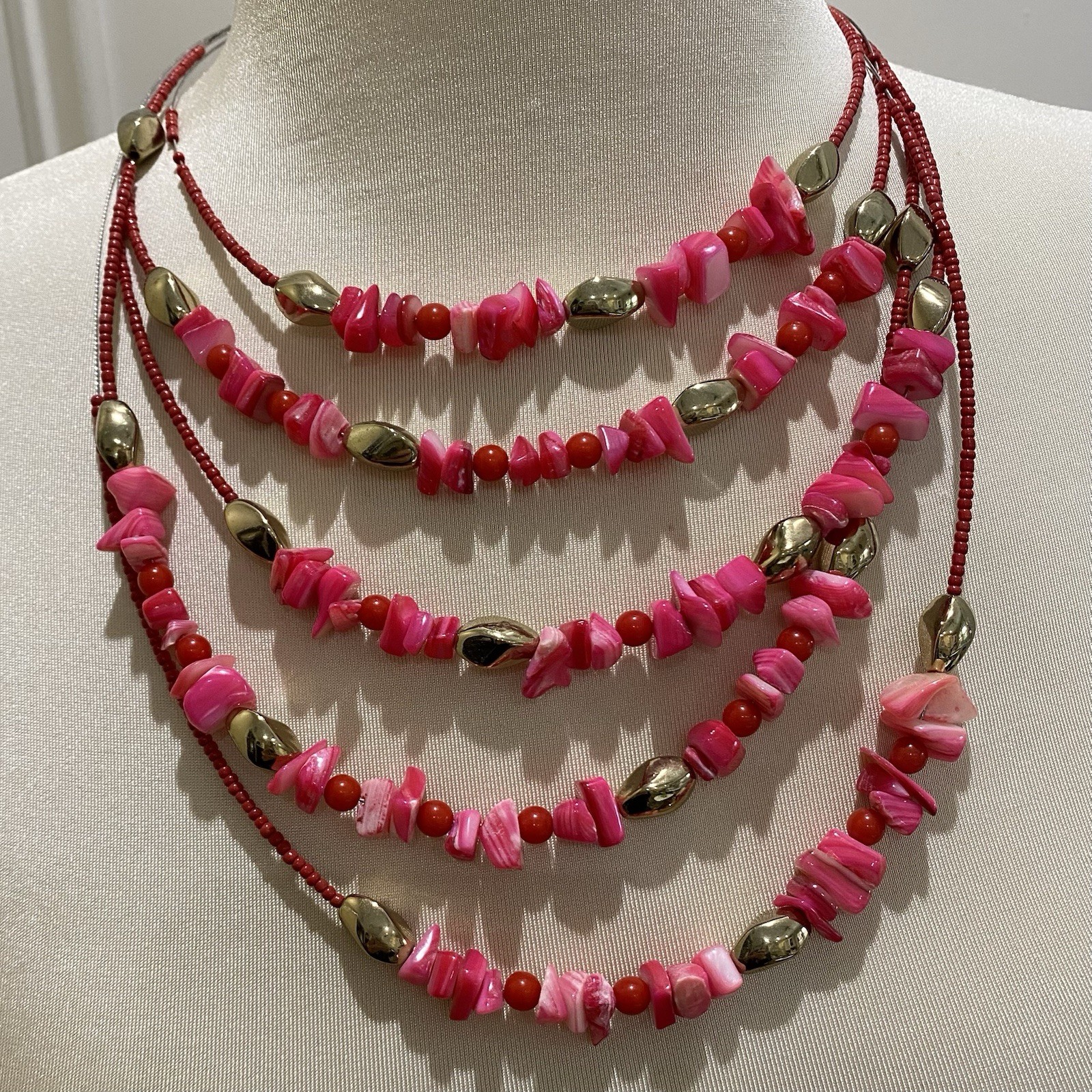 NEW Pink Mixed Stone & Bead 5 Strand Bib Necklace
