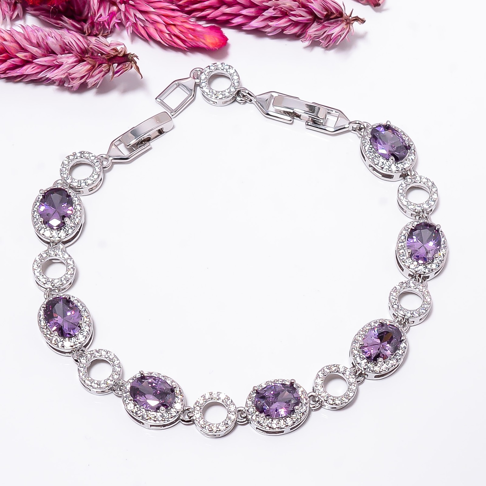 Purple Amethyst, CZ 925 Sterling Silver Adjustable Bracelet 7-8″ B132212