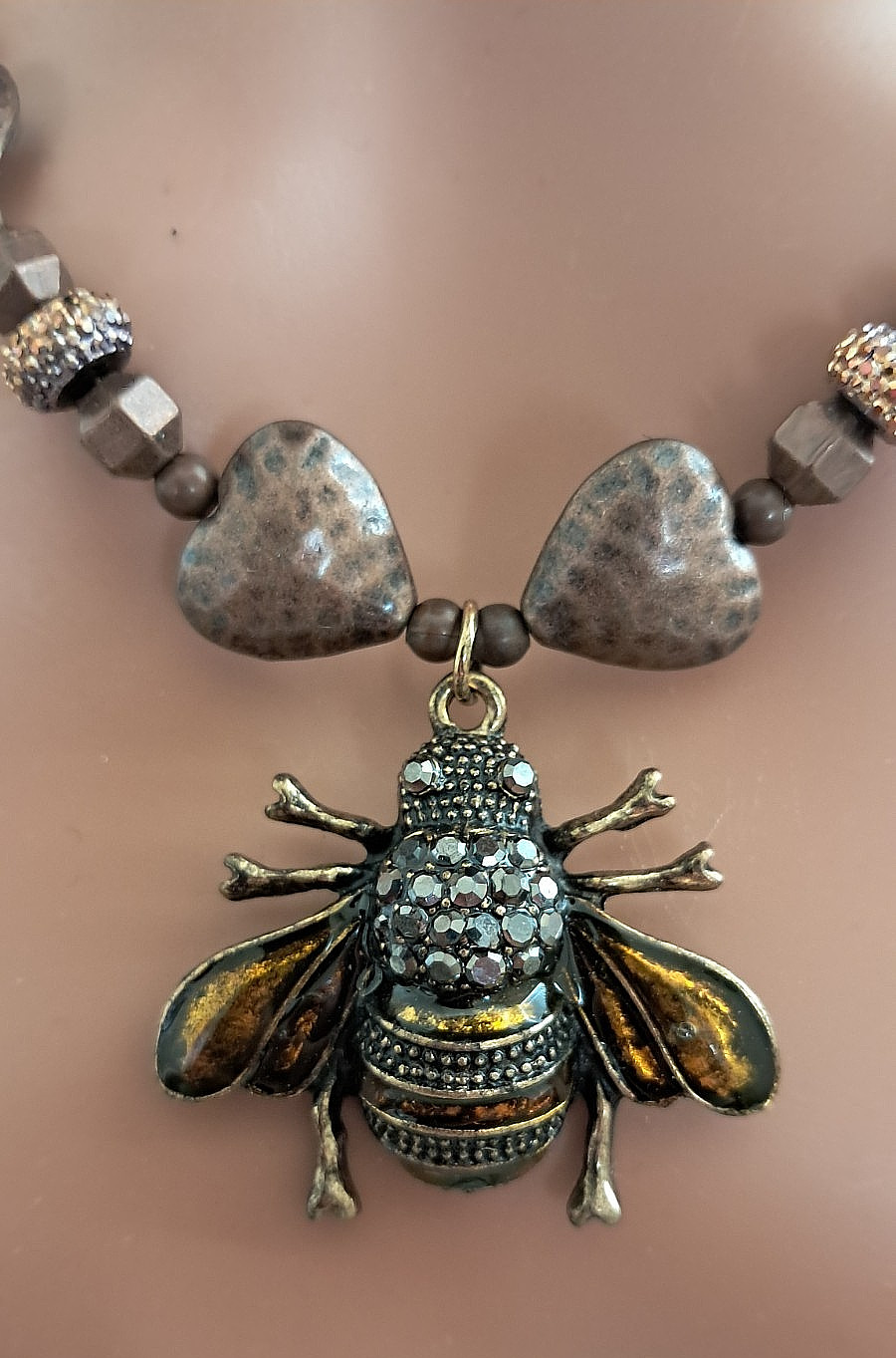 Bee Pendant Hammered Copper Hearts Tigers Eye Rhinestone Necklace & Earring Set