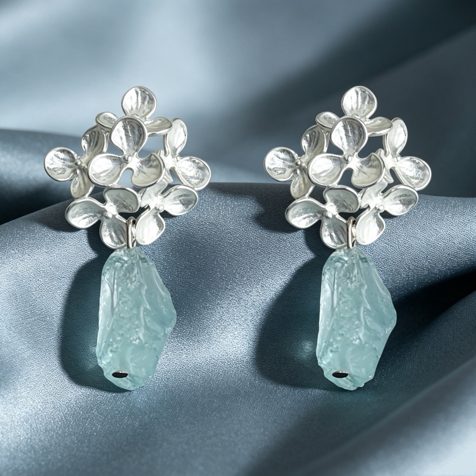 Handmade Floral Dangle Earrings Natural Aquamarine Rough 925 Silver Posts Only