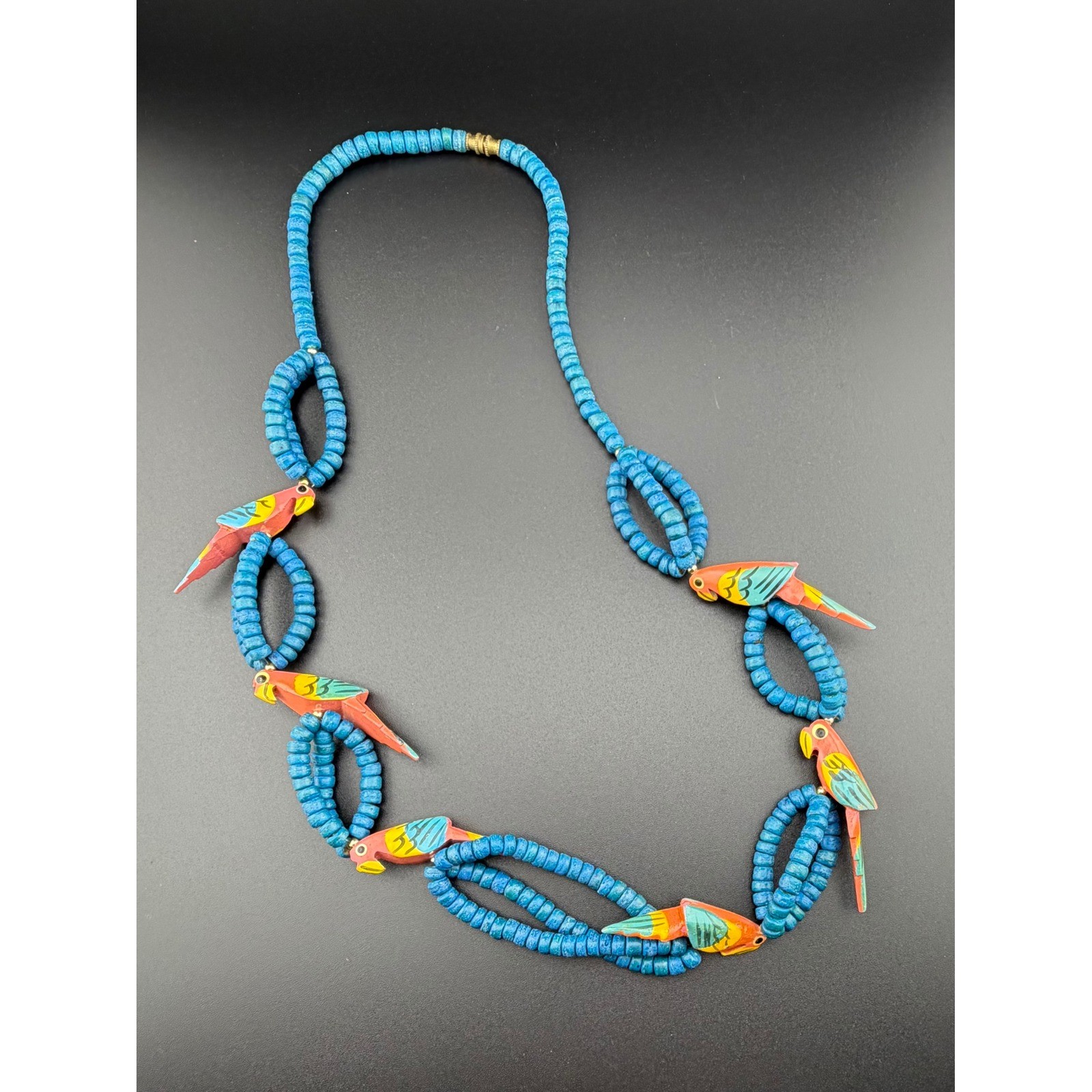 Parrot Bird Wood Bead Necklace Blue Tropical Hand Painted Boho Statement
