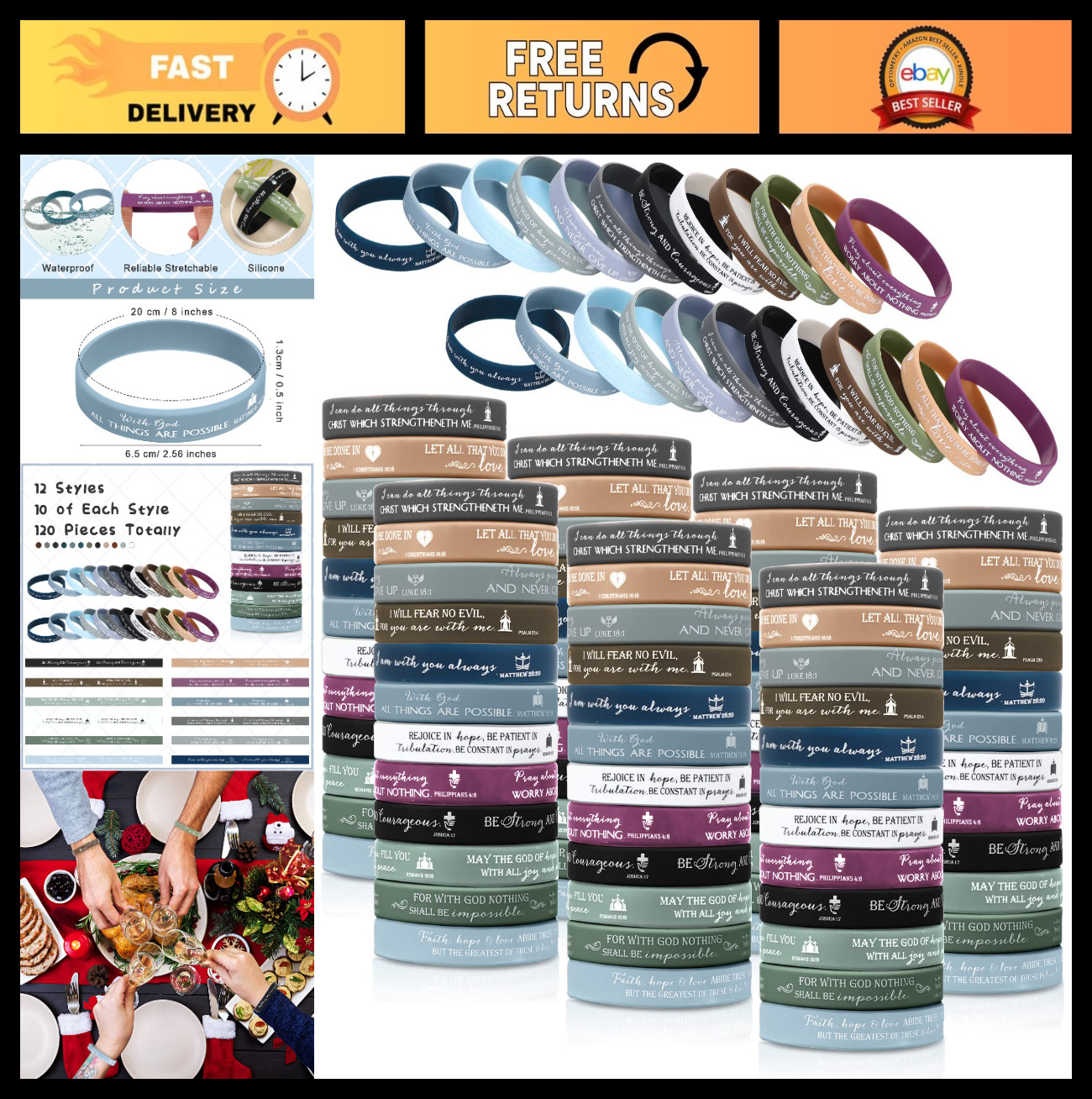 120 Pcs Colorful Silicone Wristbands – Inspirational Bible Rubber Bracelets for