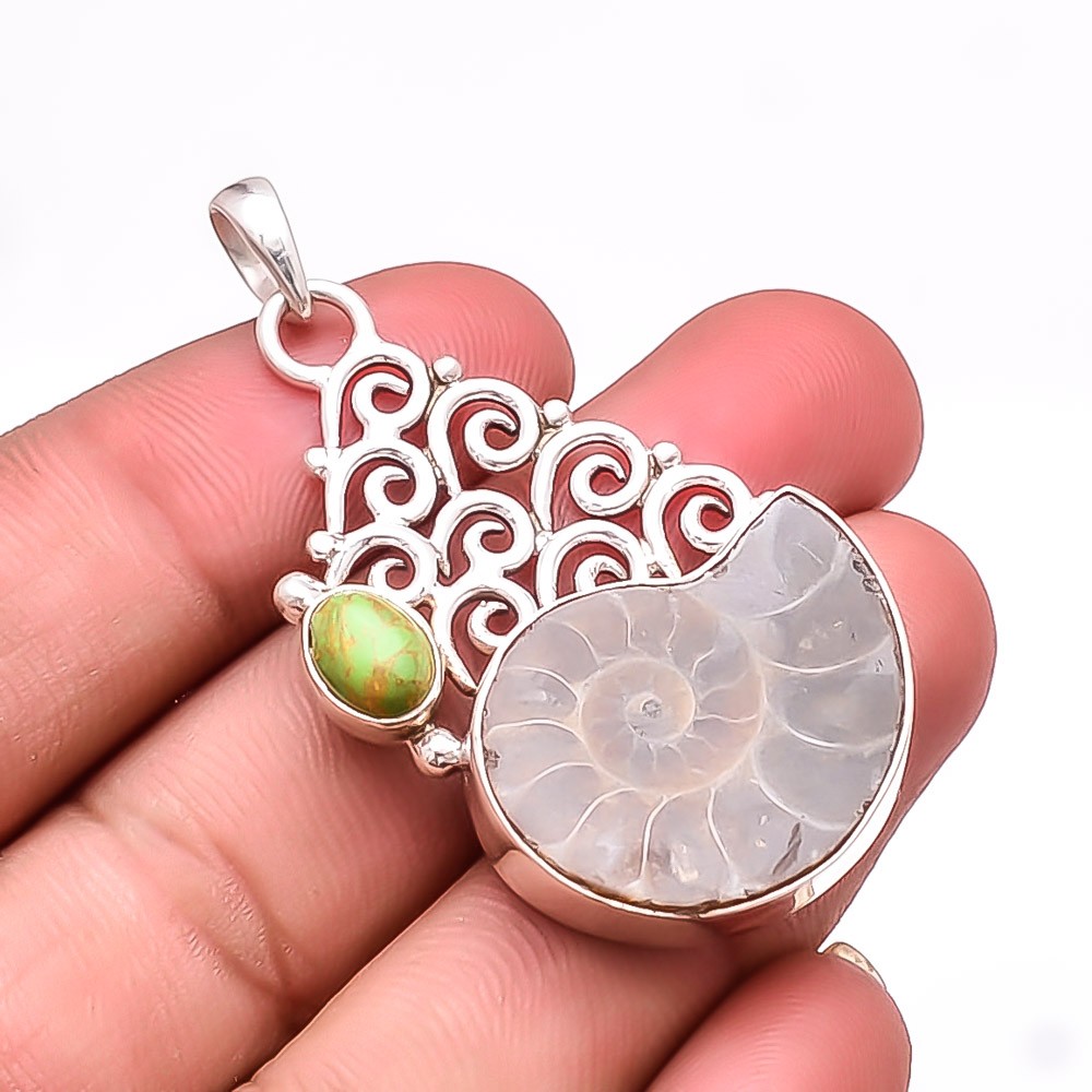 Ammonite – Fossil & Copper Green Turquoise 925 Sterling Silver Pendant 2.11″ P1