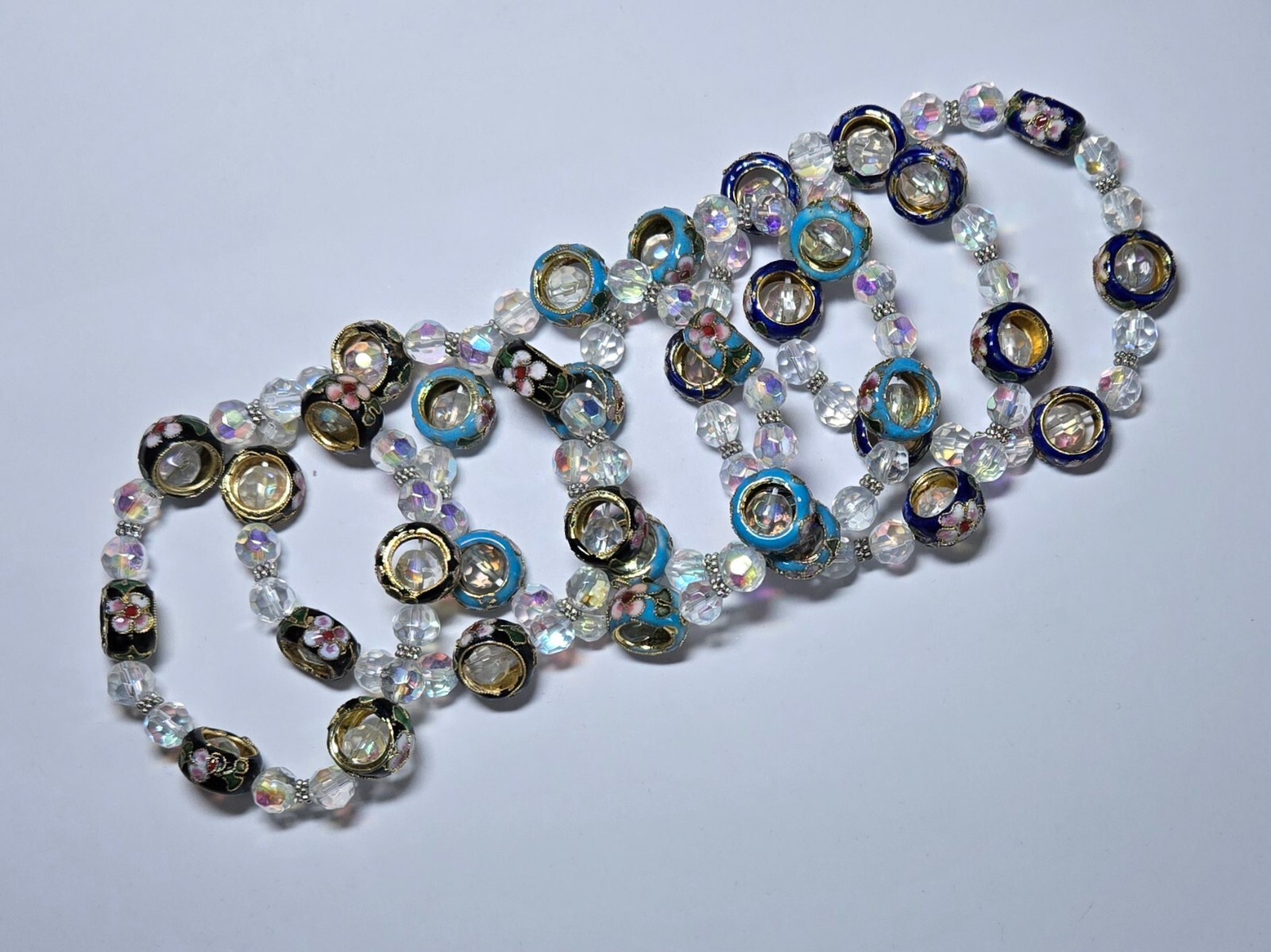 Cloisonné Bracelet Stretch Handmade Beaded Black Blue Turquoise 6 pcs