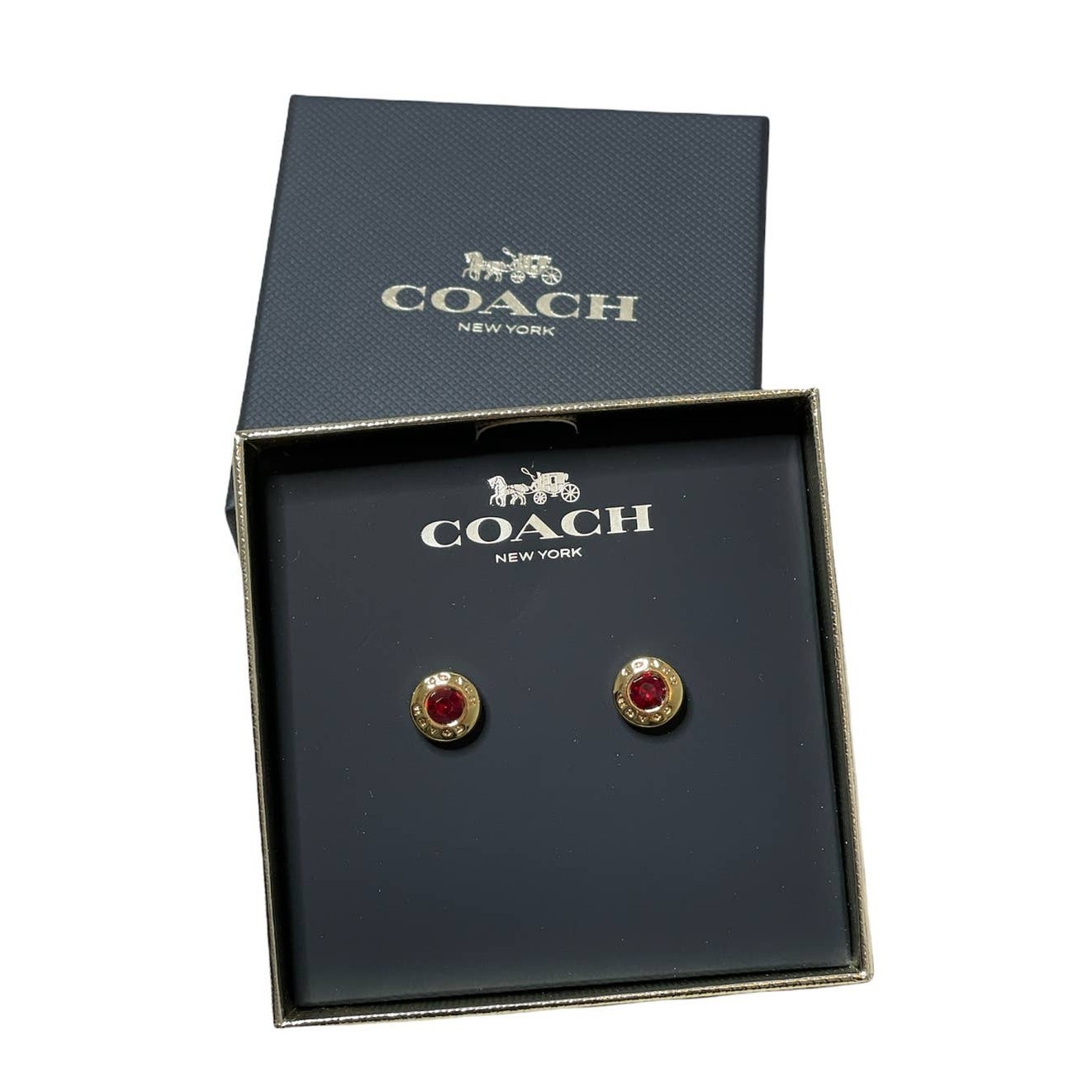 Coach Open Circle Red Stone Strand Earrings Boxed Red/ Gold tone