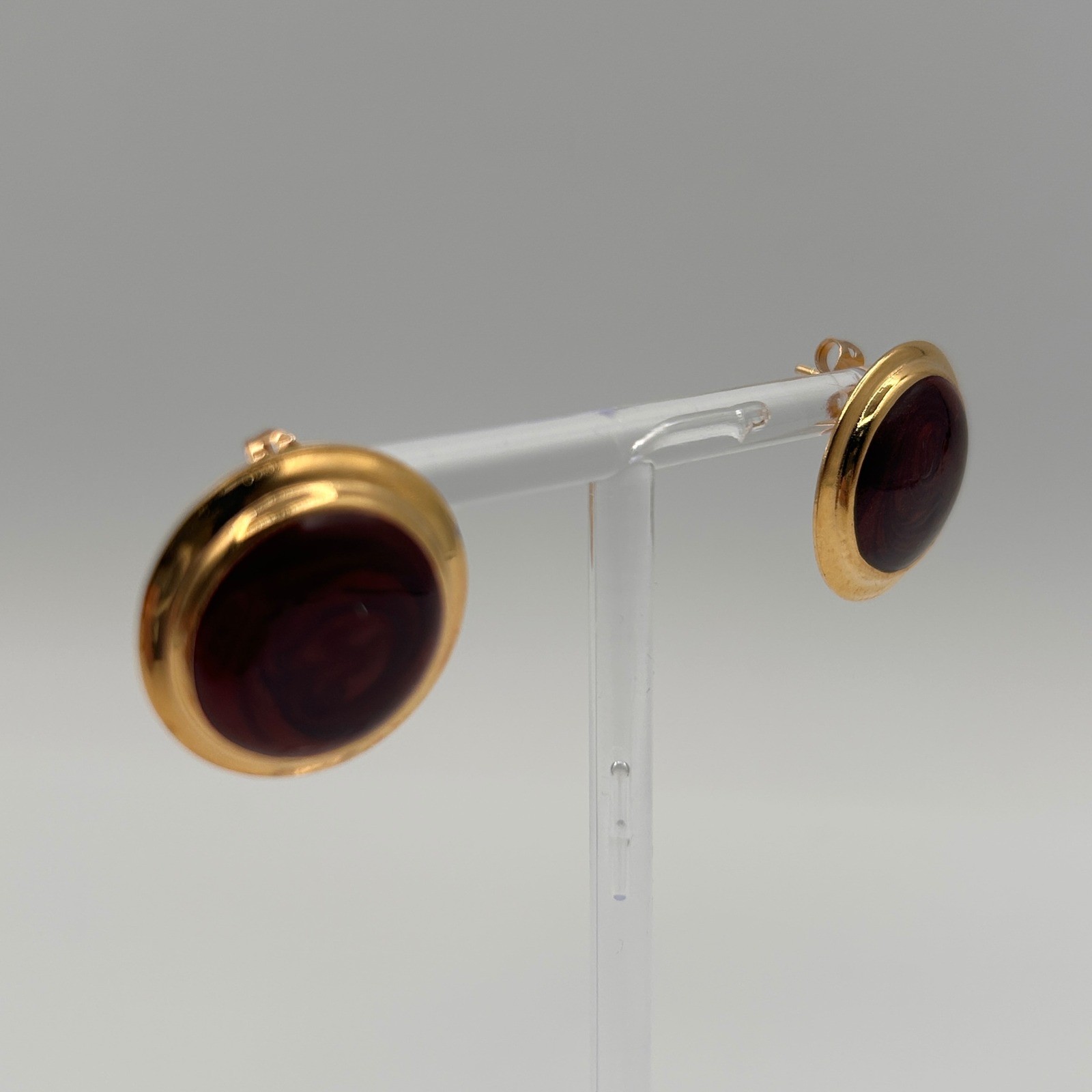 Vintage Gold Tone Burgundy Red Enamel Round Button Stud Earrings 1 Inch