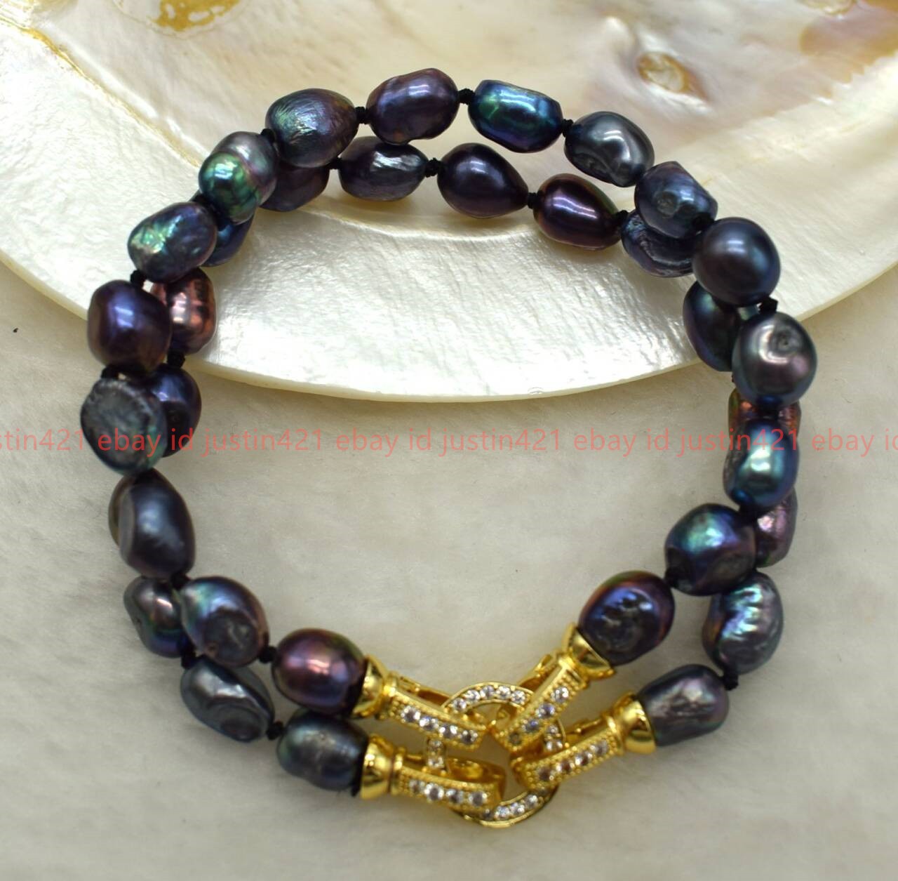 New Natural Pretty 2 Row 7-8/8-9mm Black Baroque Pearl Gemstone Bracelet 7-9 In