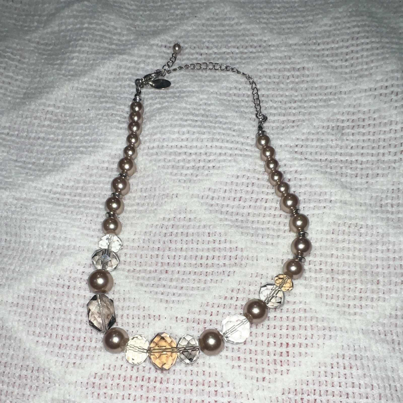 White House Black Market Brown Simulated Pearl Crystal Beaded Necklace Adjust