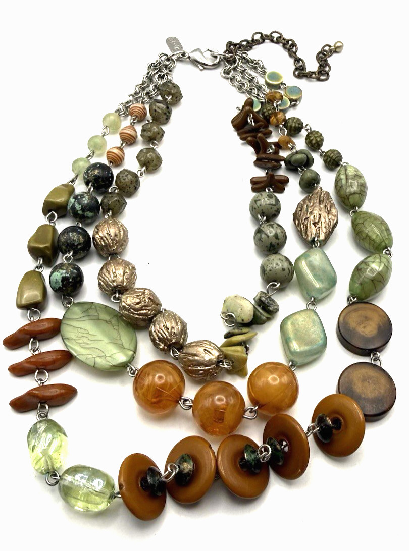 TRESKA 20″ Boho Mixed Media/Art Glass Silver Tone Multistrand Necklace