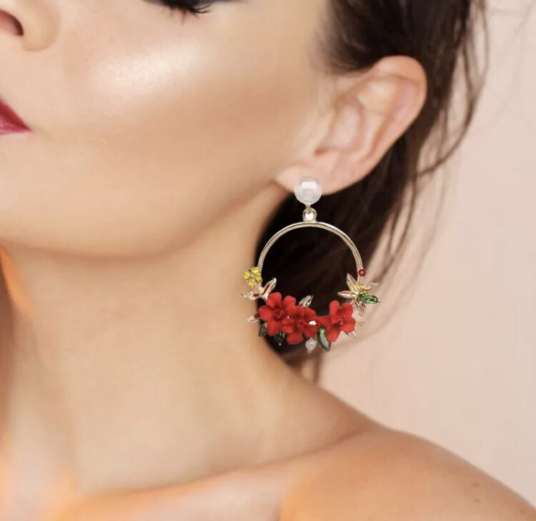 Women’s Fashion Jewelry Pink Purple Red Yellow Flower Hoop Earrings TK2-1