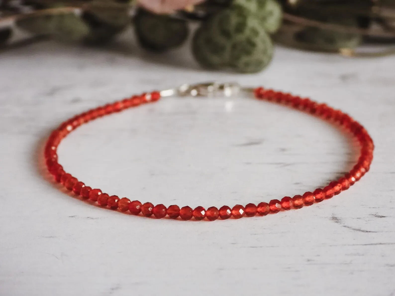 Dainty Red Carnelian Gemstone Anklet Sterling Silver, Adjustable Bracelet