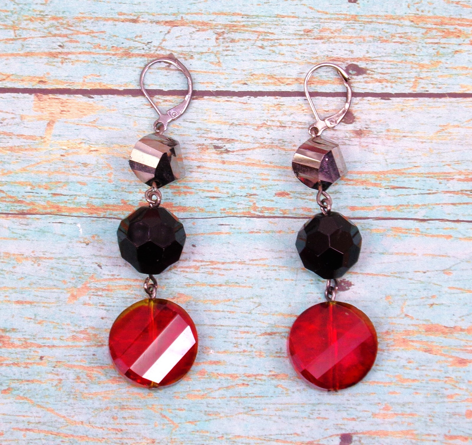 Red, black, and gray glass bead earrings 2.20″ long fashion elegant earrings New