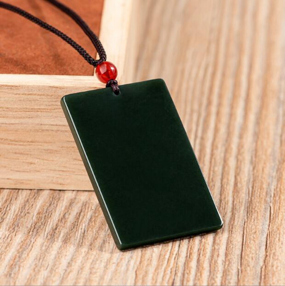Certified 45mm Natural Dark Green HeTian Nephrite Jade 无事牌 Pendant Necklace