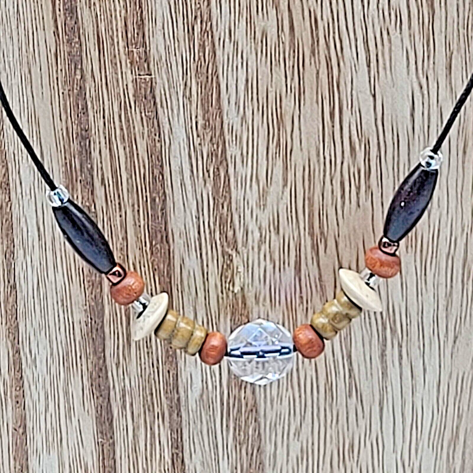 Brown Wooden Beaded Black Wax Cord Necklace w Copper, Clear & Oil Slick Accents