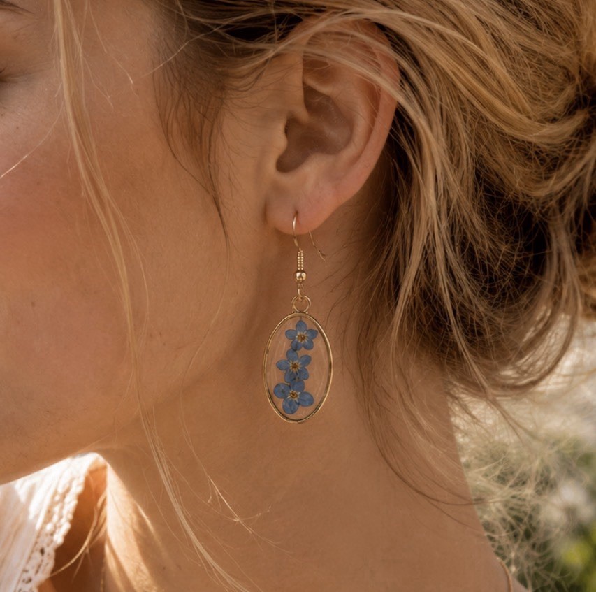 Gold Oval Pressed Flower Earrings, Blue Botanical Resin Dangle Jewelry