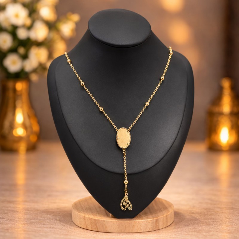 Elegant Gold Tone Lariat Necklace Oval Pndant Beaded Chain Filigree Charm Gift