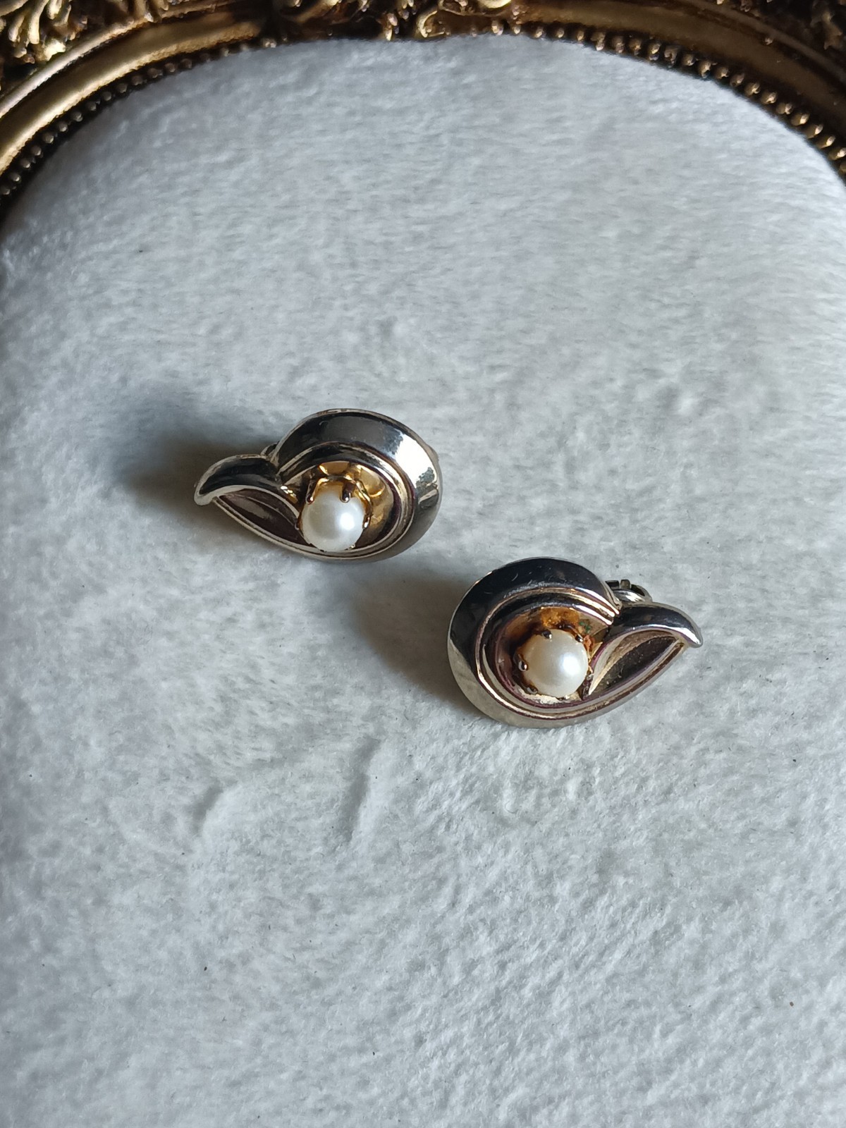 Gold & Silver Tone Swirl Clip-On Earrings White Faux Pearl Round Lobe Pair