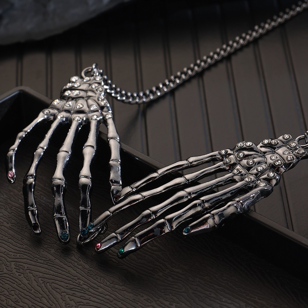 Gothic Skeleton Hand Choker Necklace Punk Metal Rhinestone Halloween Jewelry
