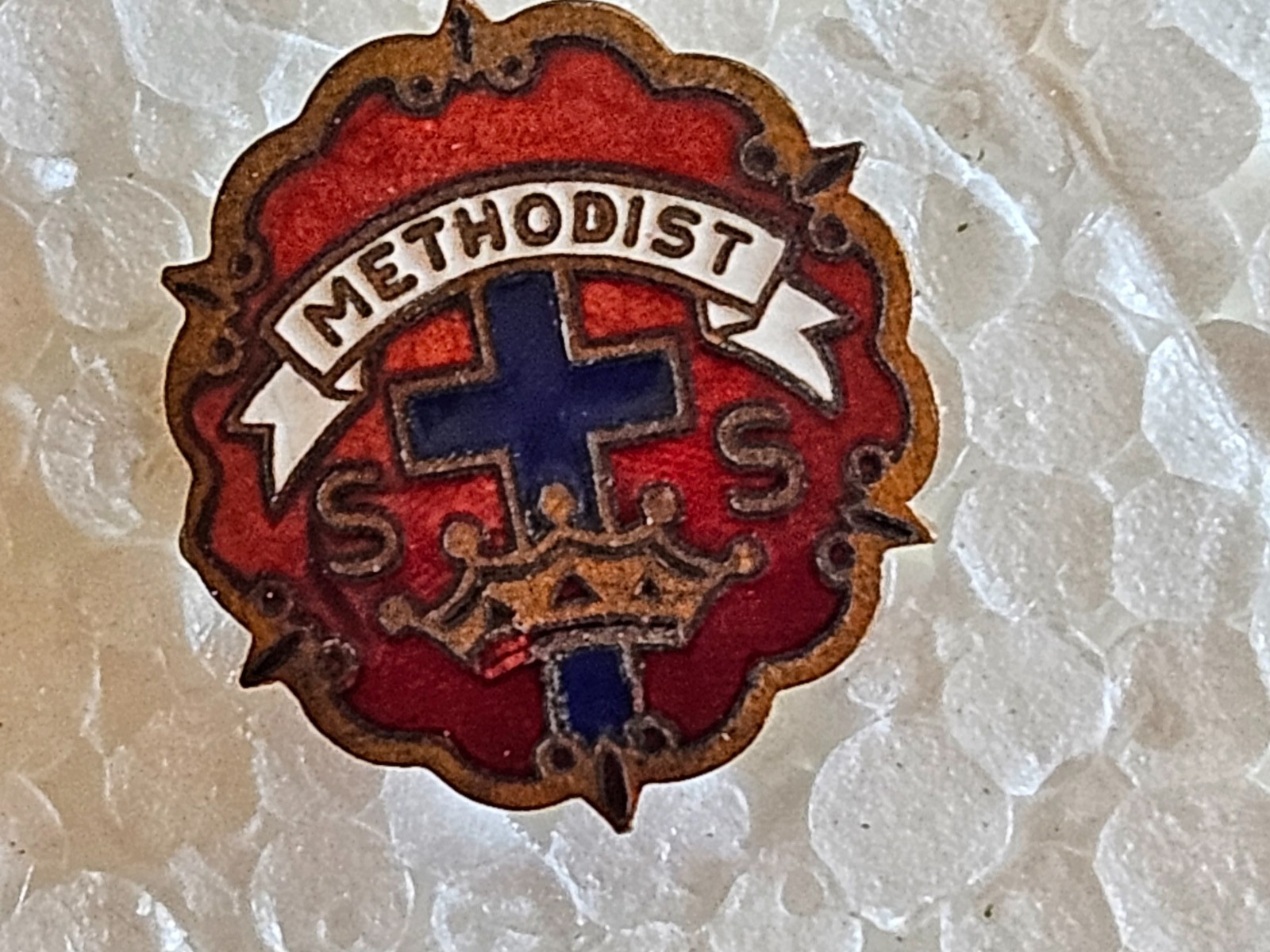 Lapel Pin, Vintage Methodist Sunday school Pin, Logo consist of Cross and flame