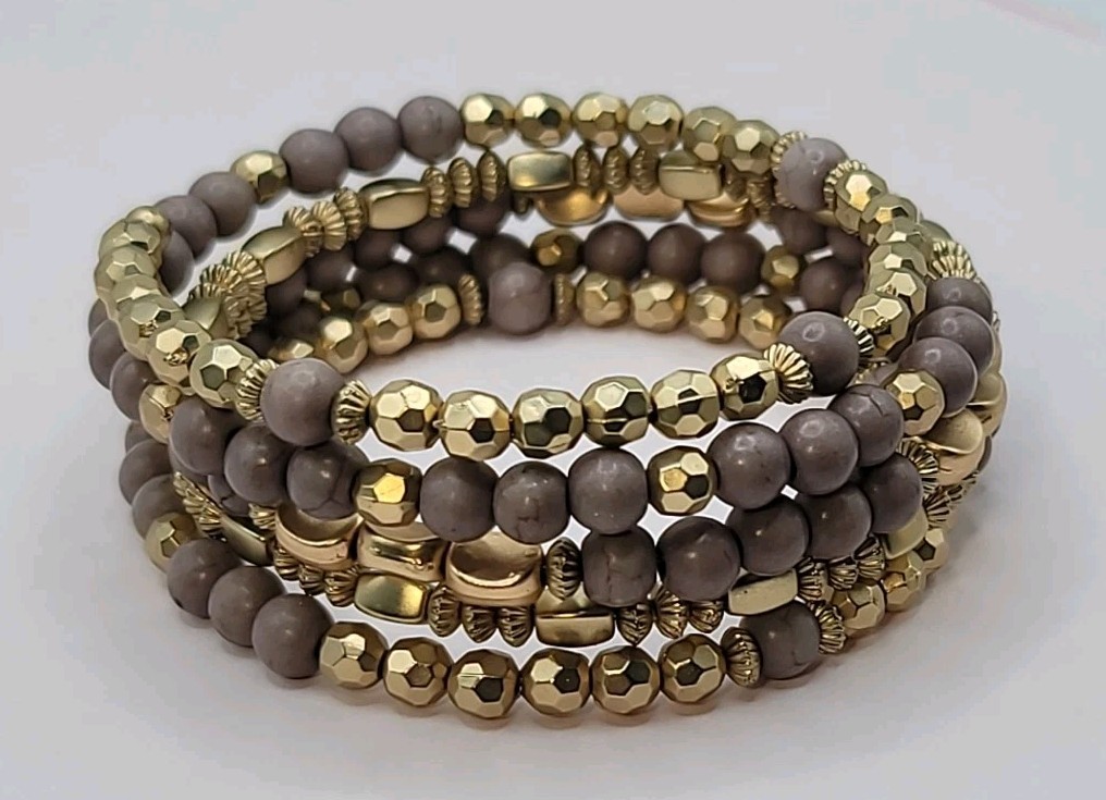 Purple Gray Gold Tone Beaded Memory Wire Coil Bracelet