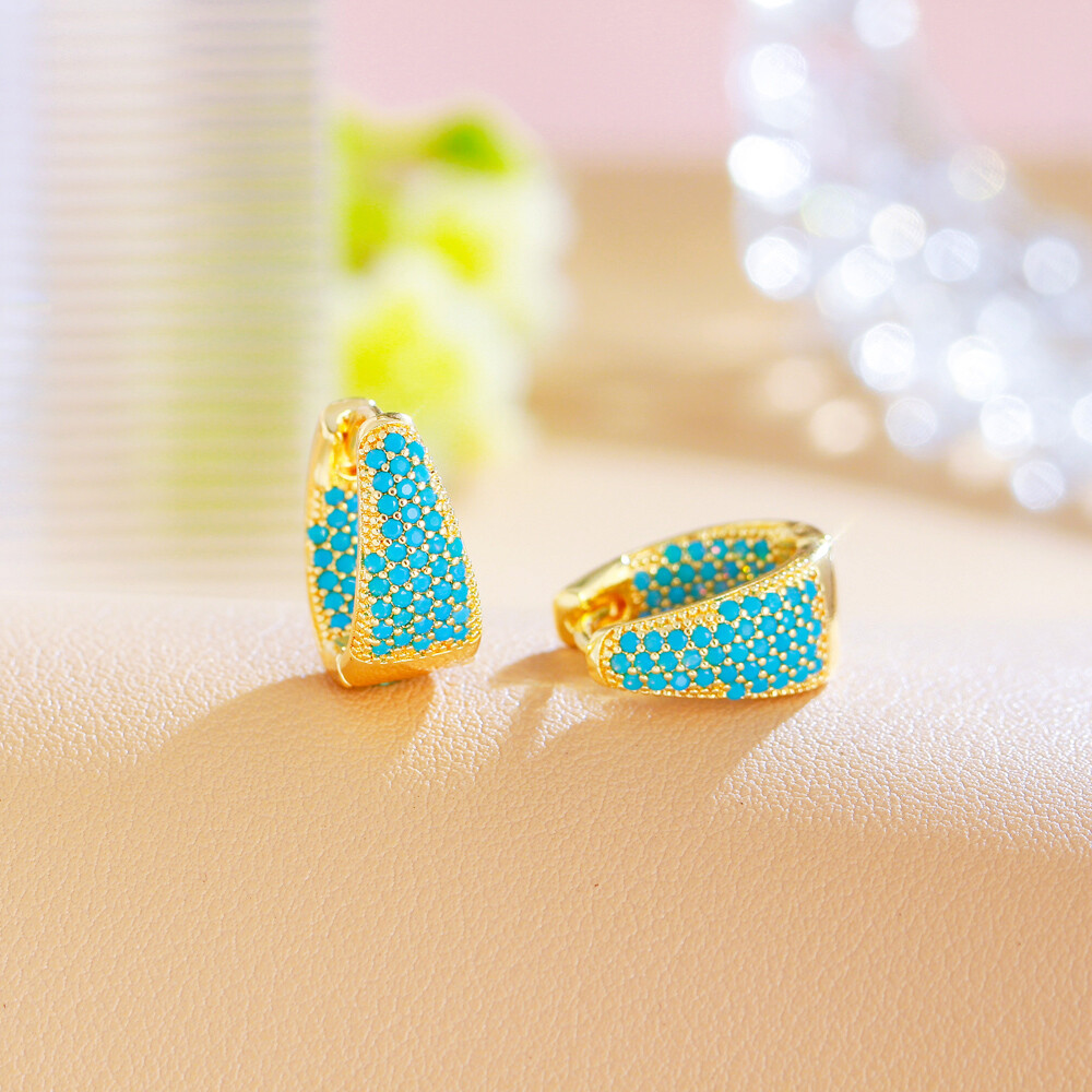 16mm Blue Round Turquoise Paved Small Hoop Earrings Gold Plated Women Party Gift
