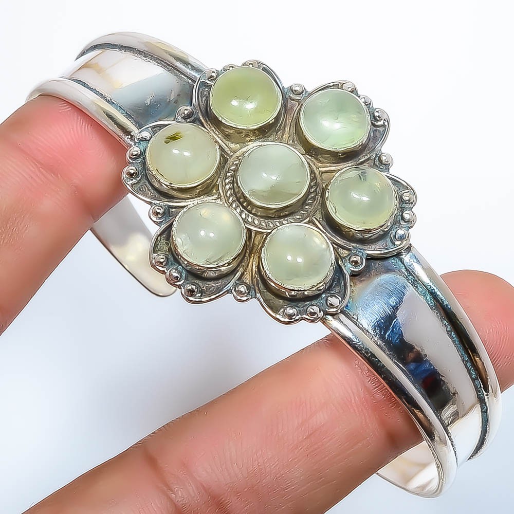 Prehnite Gemstone 925 S Bali Sterling Silver Handmade Cuff Adst. T49