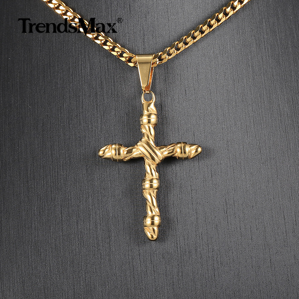Gold Plated Stainless Steel Vintage Religious Cross Pendant Necklace Men’s Chain