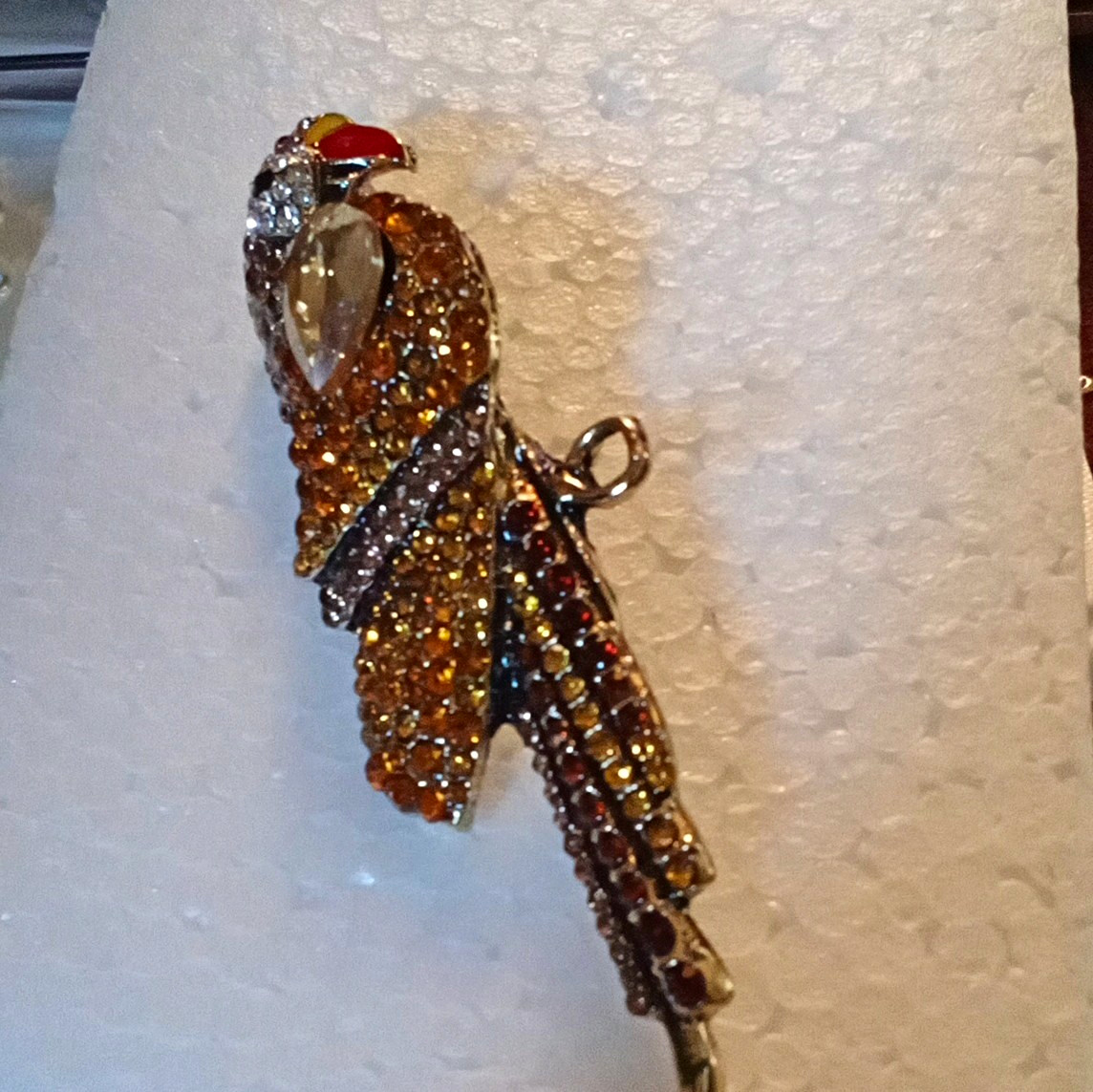 Gold Tone Rhinestone Parrot Bird Brooch Pin, Brown Clear Stones, Red Beak