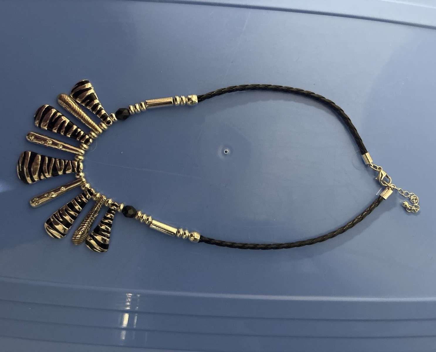 Gold Tone Statement Charm Pendant Necklace Black Cord Chain Lobster Closure