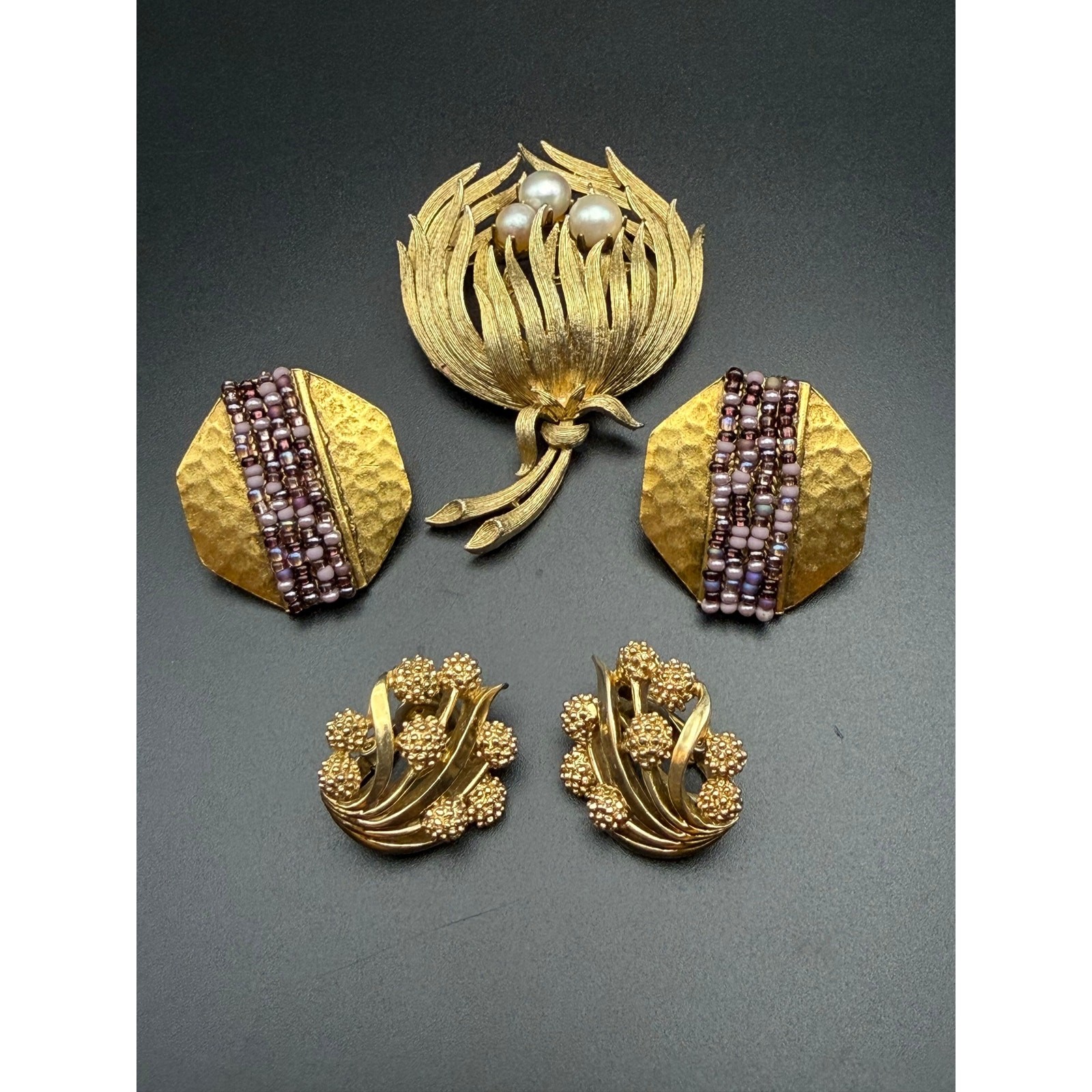 Lot Lisner Faux Pearl Brooch Crown Trifari Mimosa Earrings, Cat Stimmel Earrings