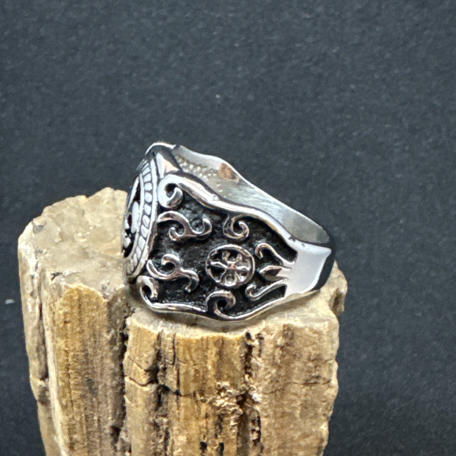 Fleur de Lis Stainless Steel Ring 24mm Face Width 5mm Band Oxidized & Polish
