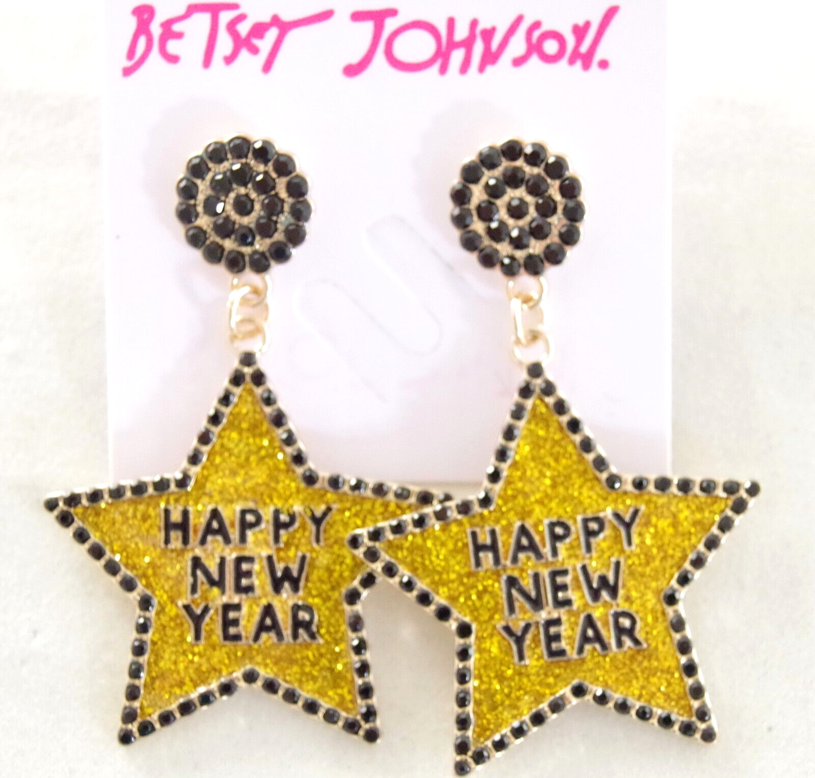 BETSEY JOHNSON HAPPY NEW YEAR STAR GOLD GLITTER RHINESTONE DROP DANGLE EARRINGS