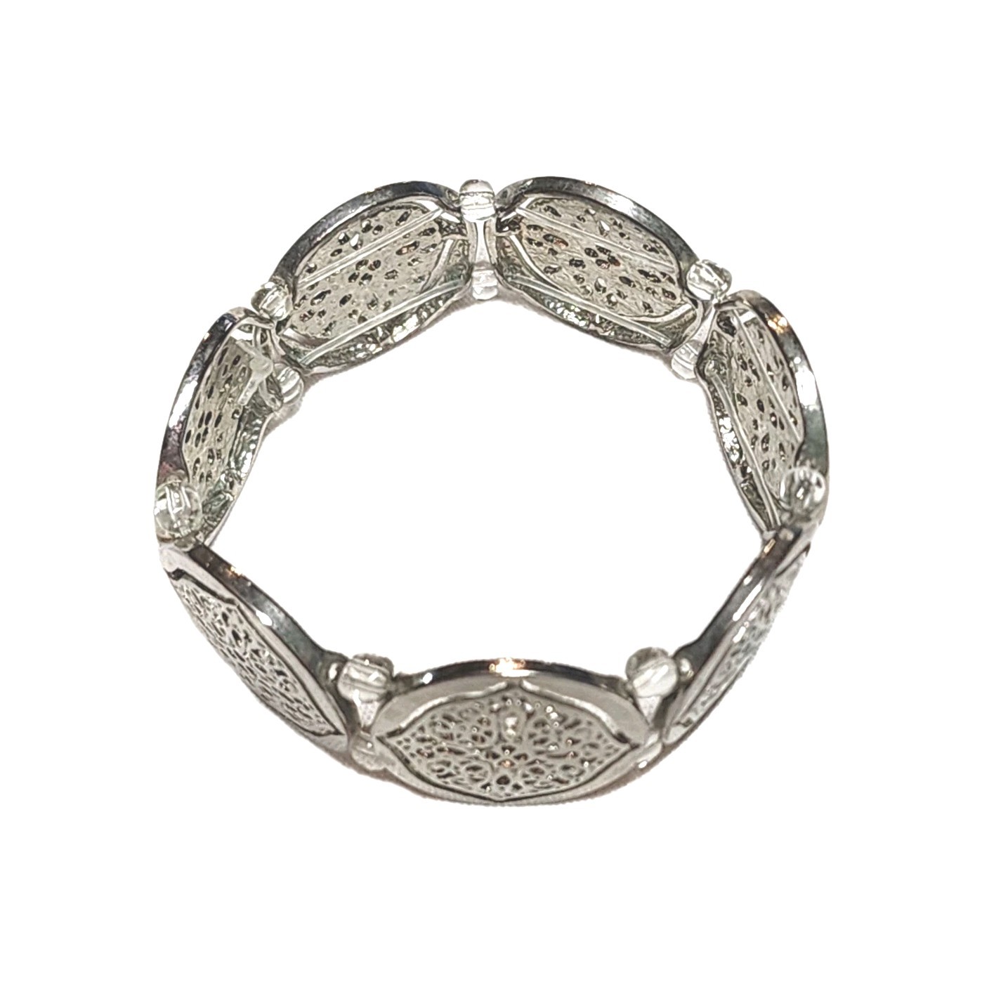 Silver Tone Filigree Round Coin Medallion Stretch Cuff Bangle Bracelet 7″ Boho