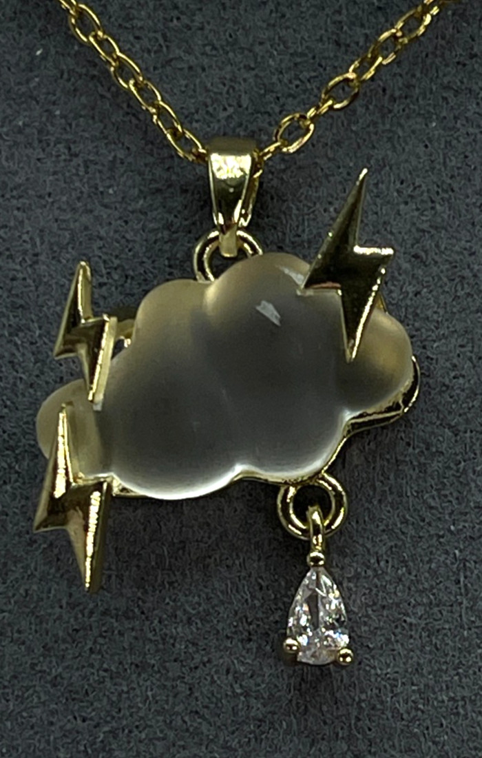 Necklace Iridescent White Cloud w/Gold Tone Lightning Bolts & Zirconia Rain Drop