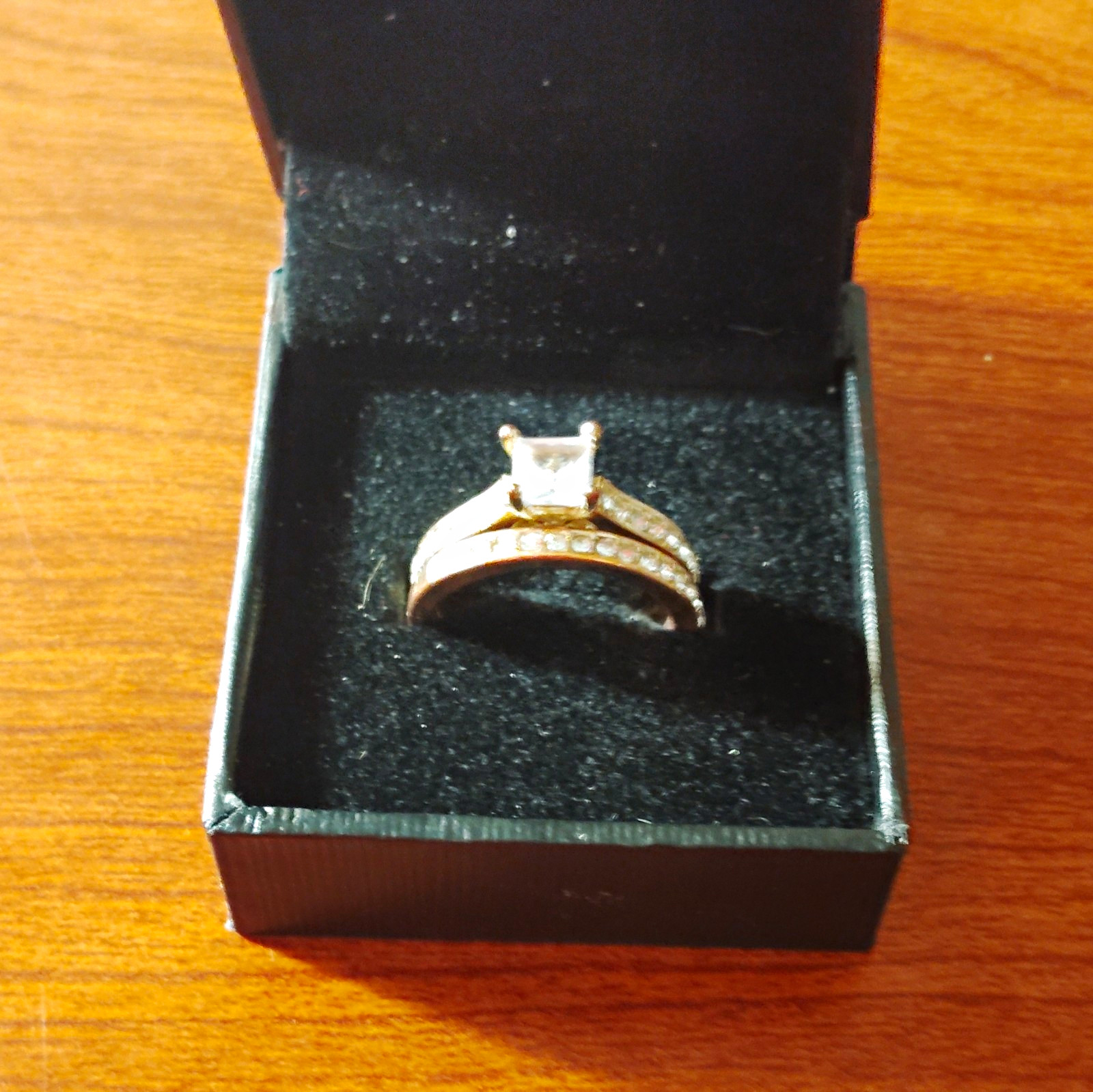 9k Yellow Gold Princess-Cut White CZ Prong 2pc Engagement/Wedding Set Sz 7