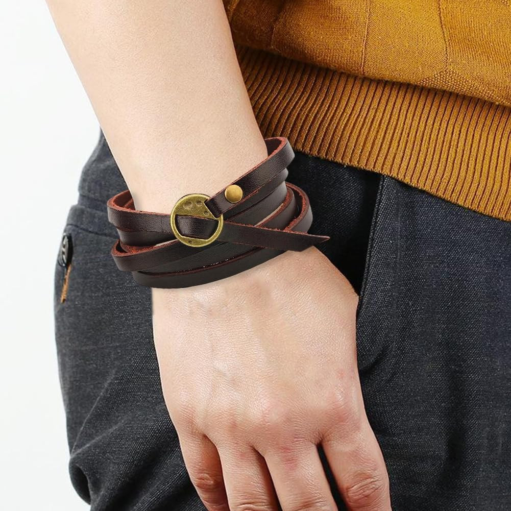 2PCS Genuine Leather Cuff Bracelets Adjustable Cowhide Leather Boho Layered Arm
