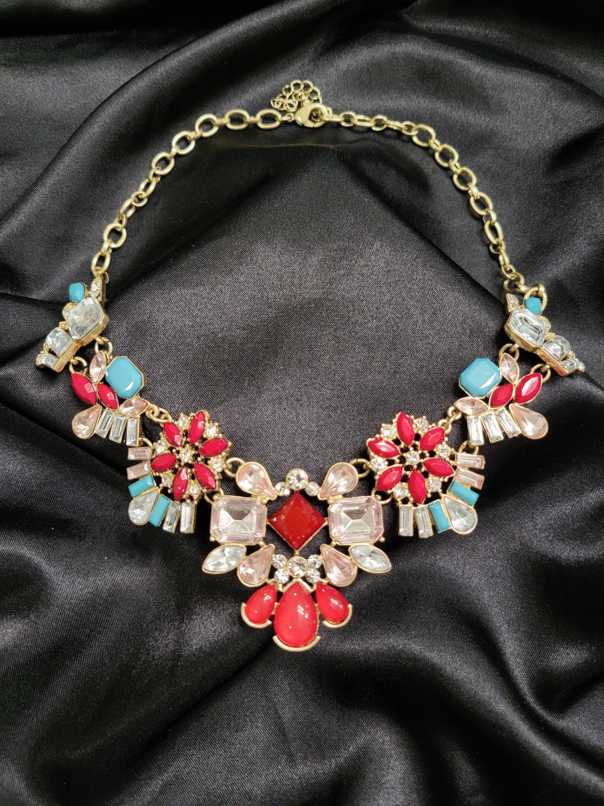 Vibrant Floral Bib Statement Necklace Gold Tone, Red & Turquoise colored stones