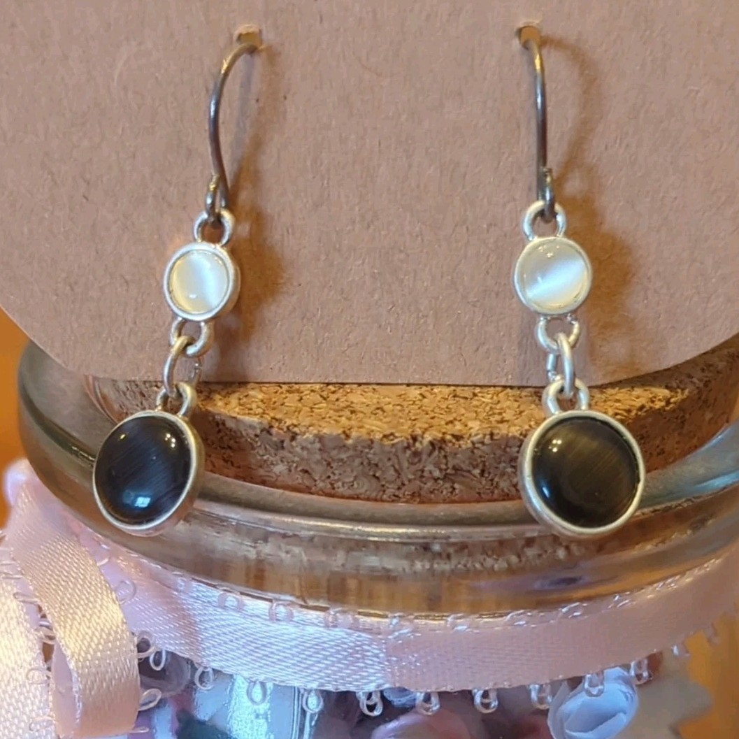 Silver Black White Metal Round Dangle Drop Earrings Hook Closure Fashion