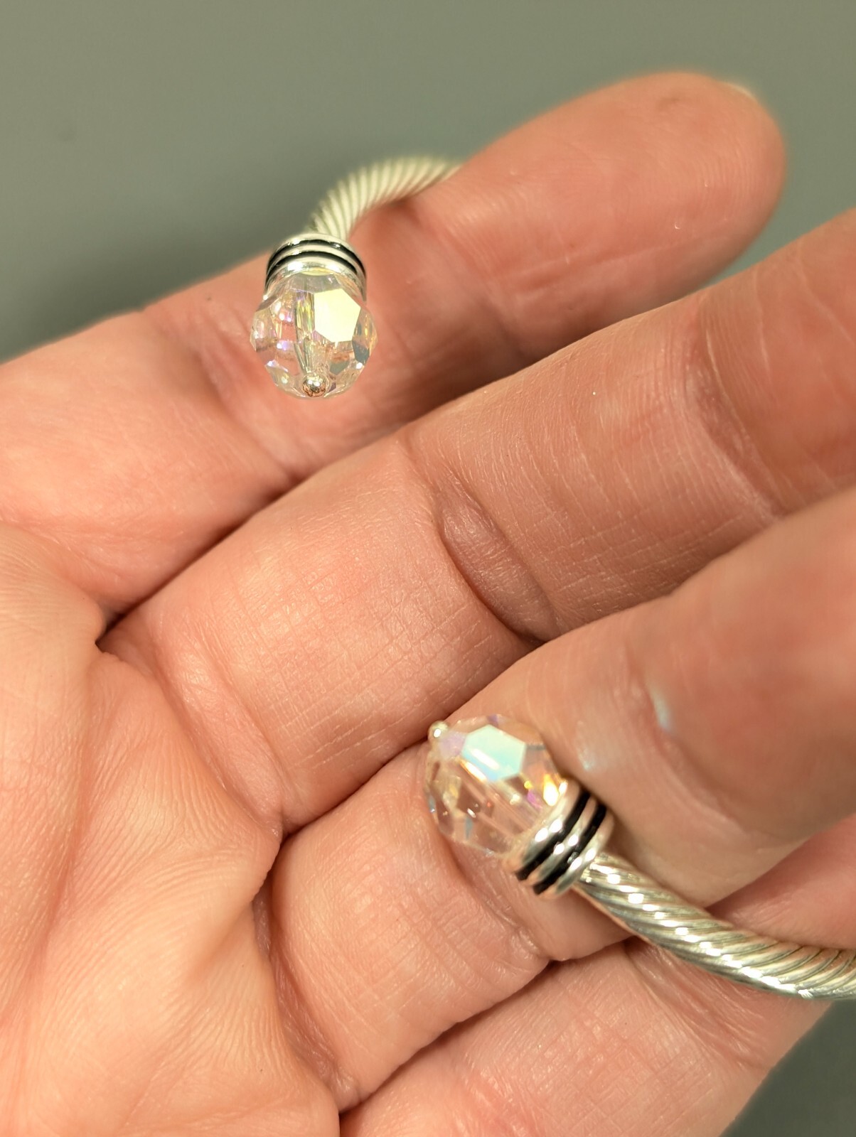 Silver Tone Cable Cuff AB Faceted Class Bracelet 6.5 inch