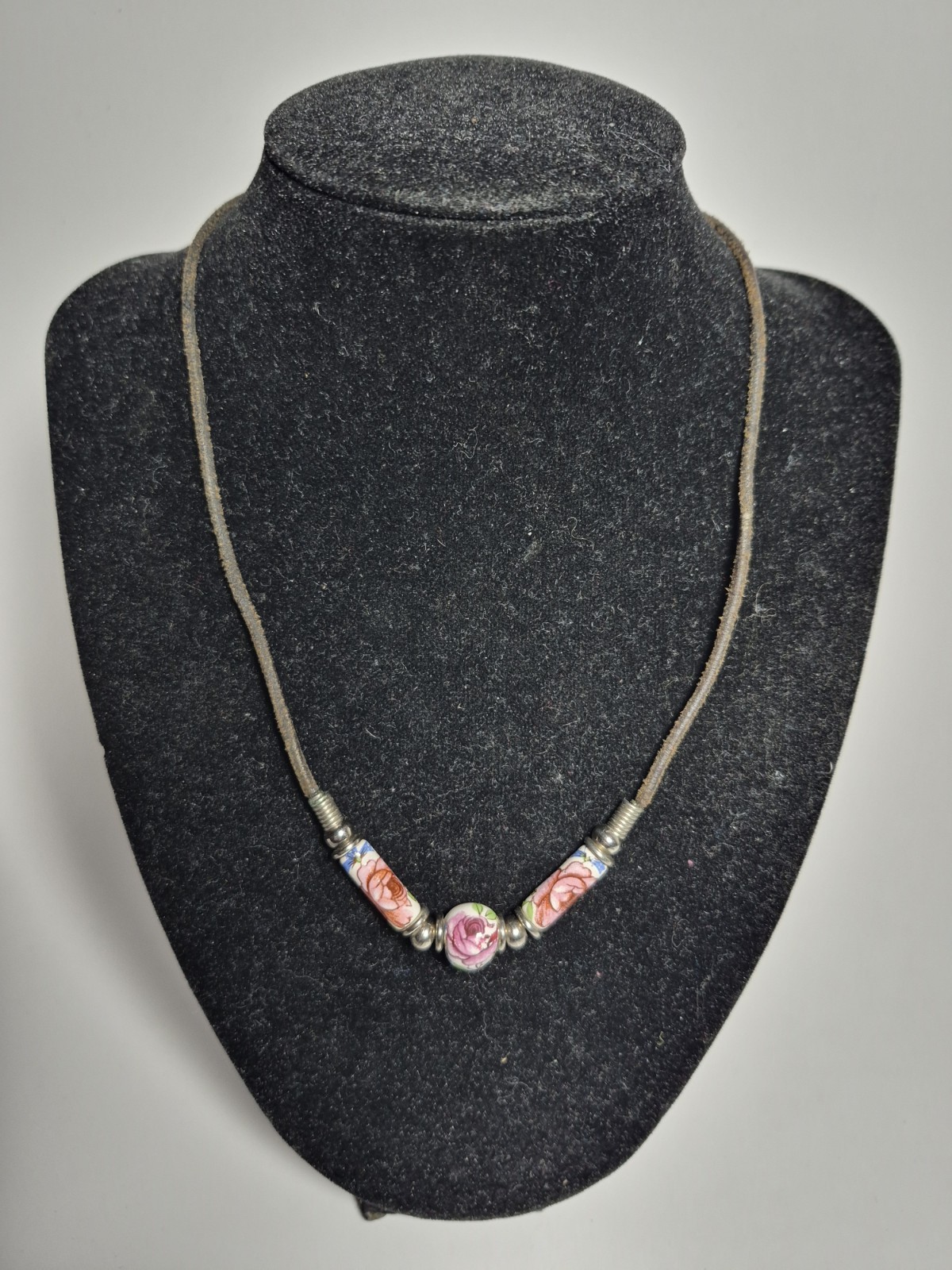 Rose Ceramic Beaded Choker Necklace With Leather Cord Boho Shabby