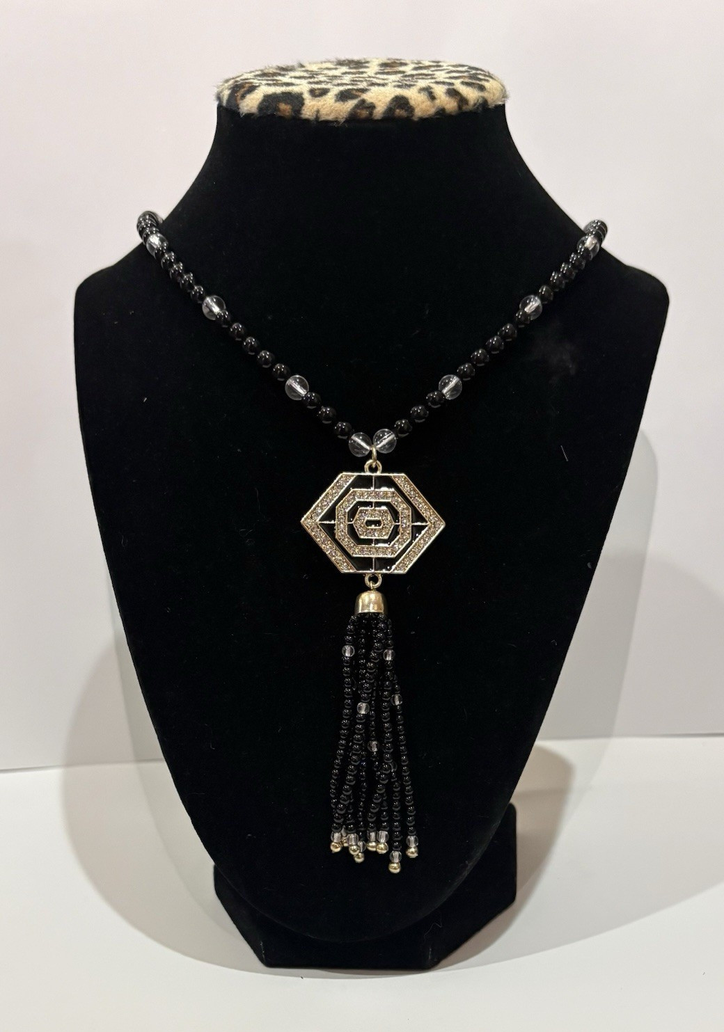 Black Beaded Chain Necklace Hexagon Pendant