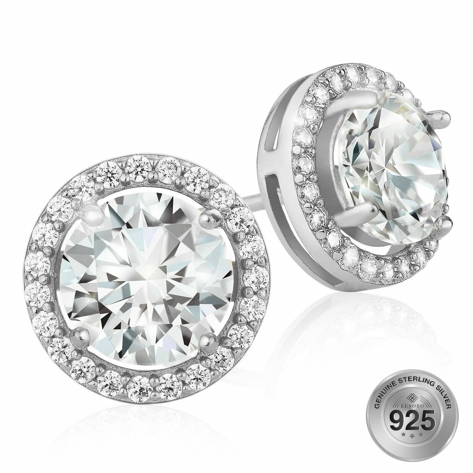 2 PAIR SET 925 Sterling Silver Round Cut AAA Cubic Zirconia Halo Stud Earrings