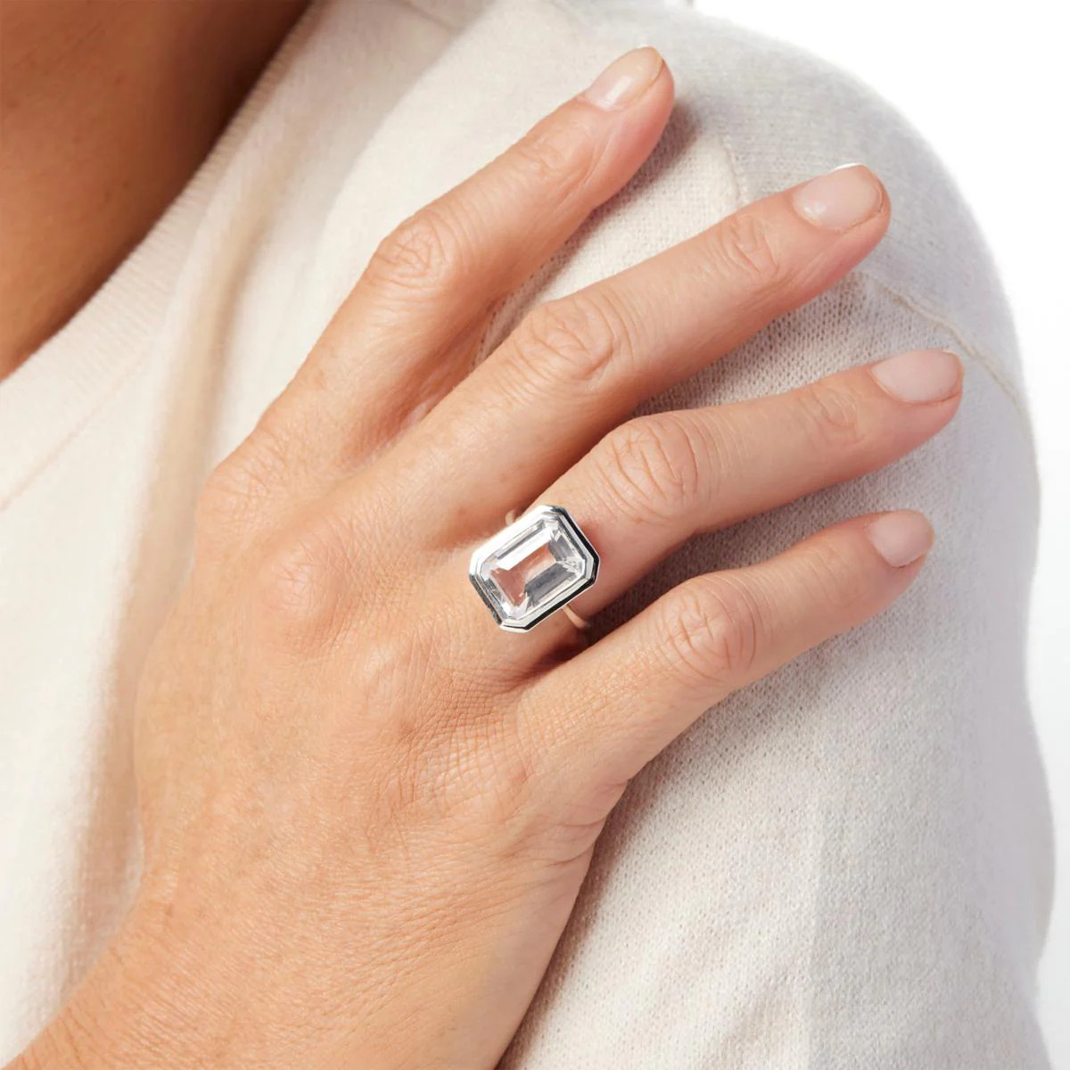 Herkimer Mines Silvertone “Diamond” Quartz Emerald-Cut Solitaire Ring Size 9