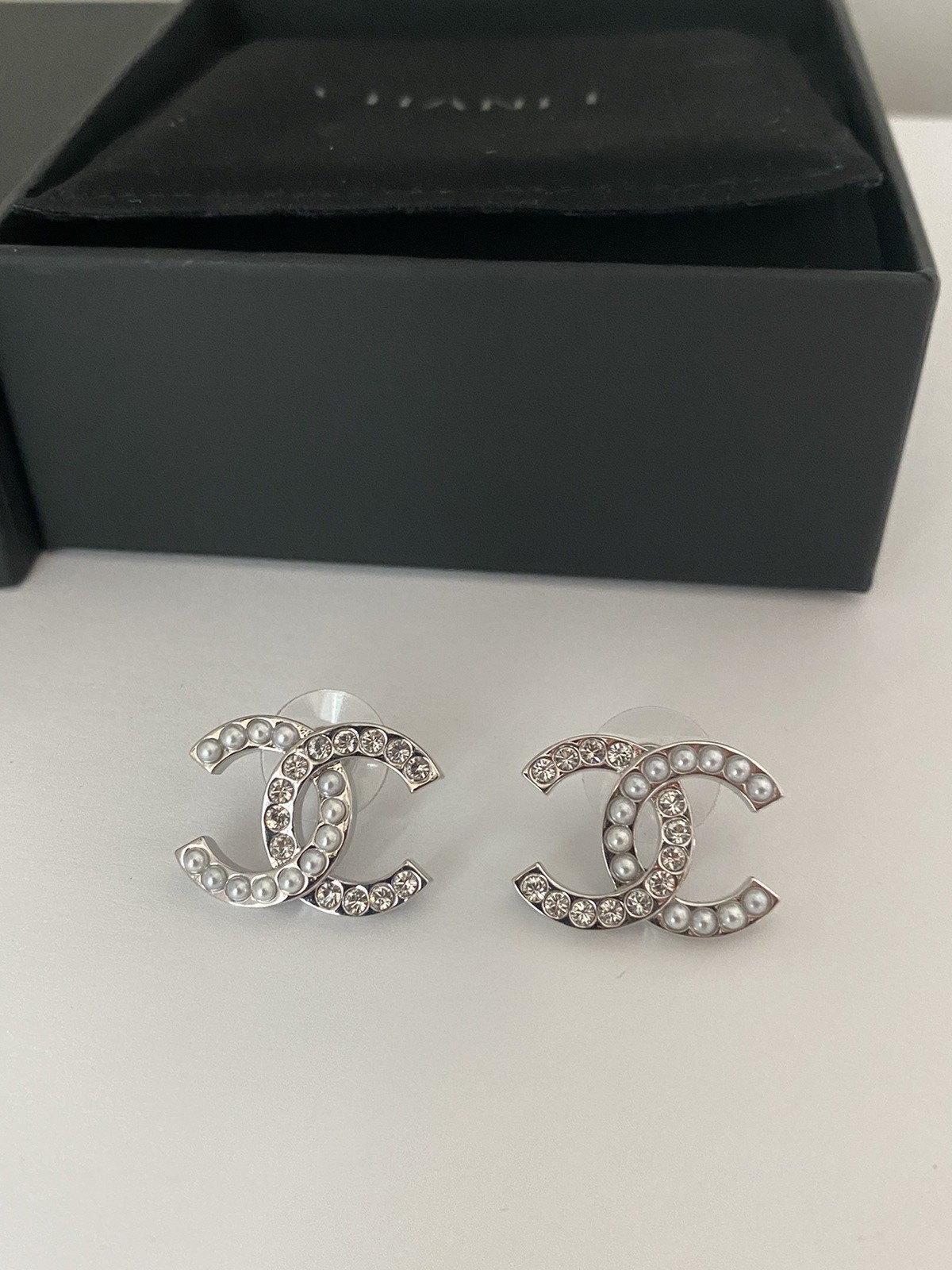 Authentic Chanel Silver Tone Crystal Stud Earrings Medium Size
