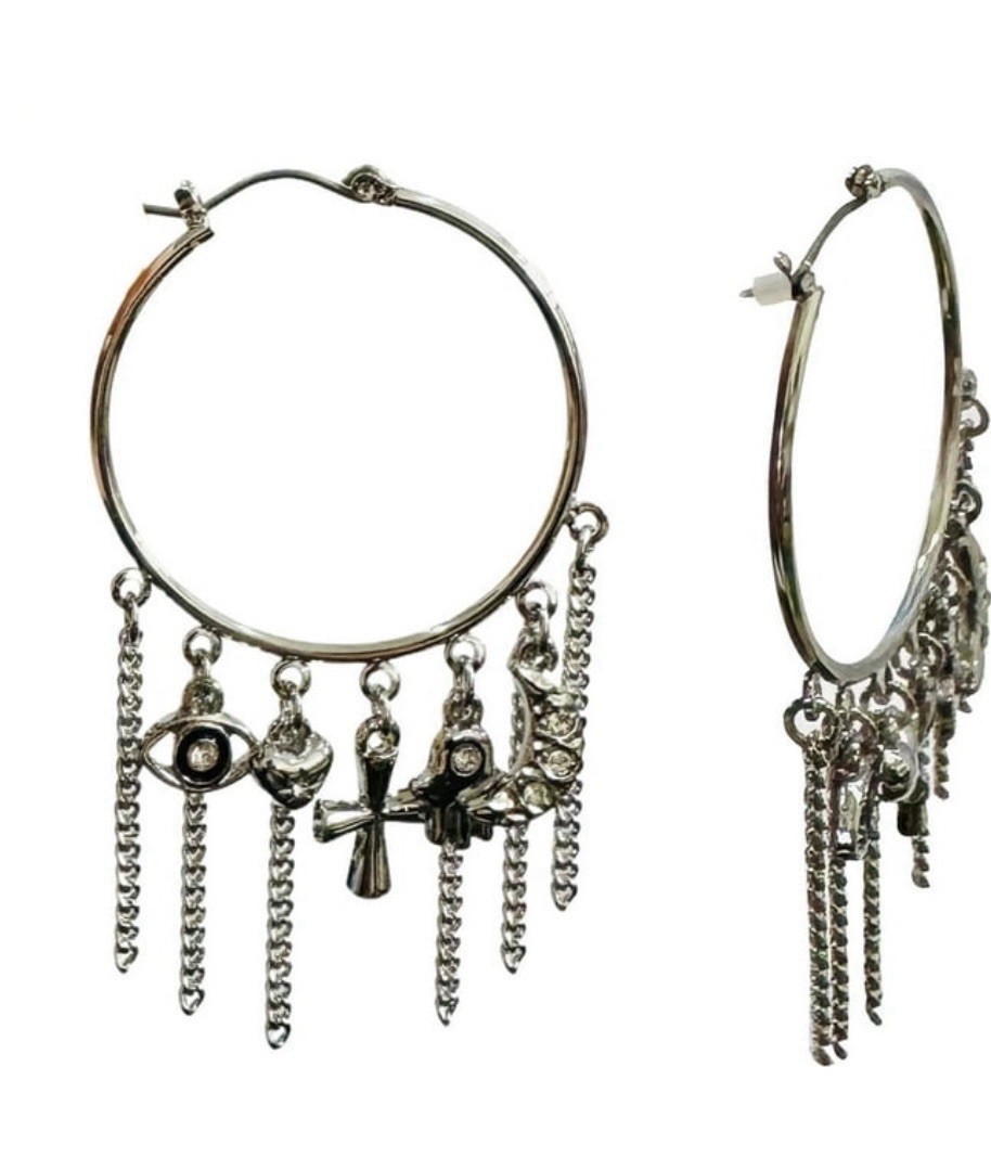 No Boundaries Silver Tone Charm Hoop Earrings Evil Eye Cross Moon Hamsa NWT