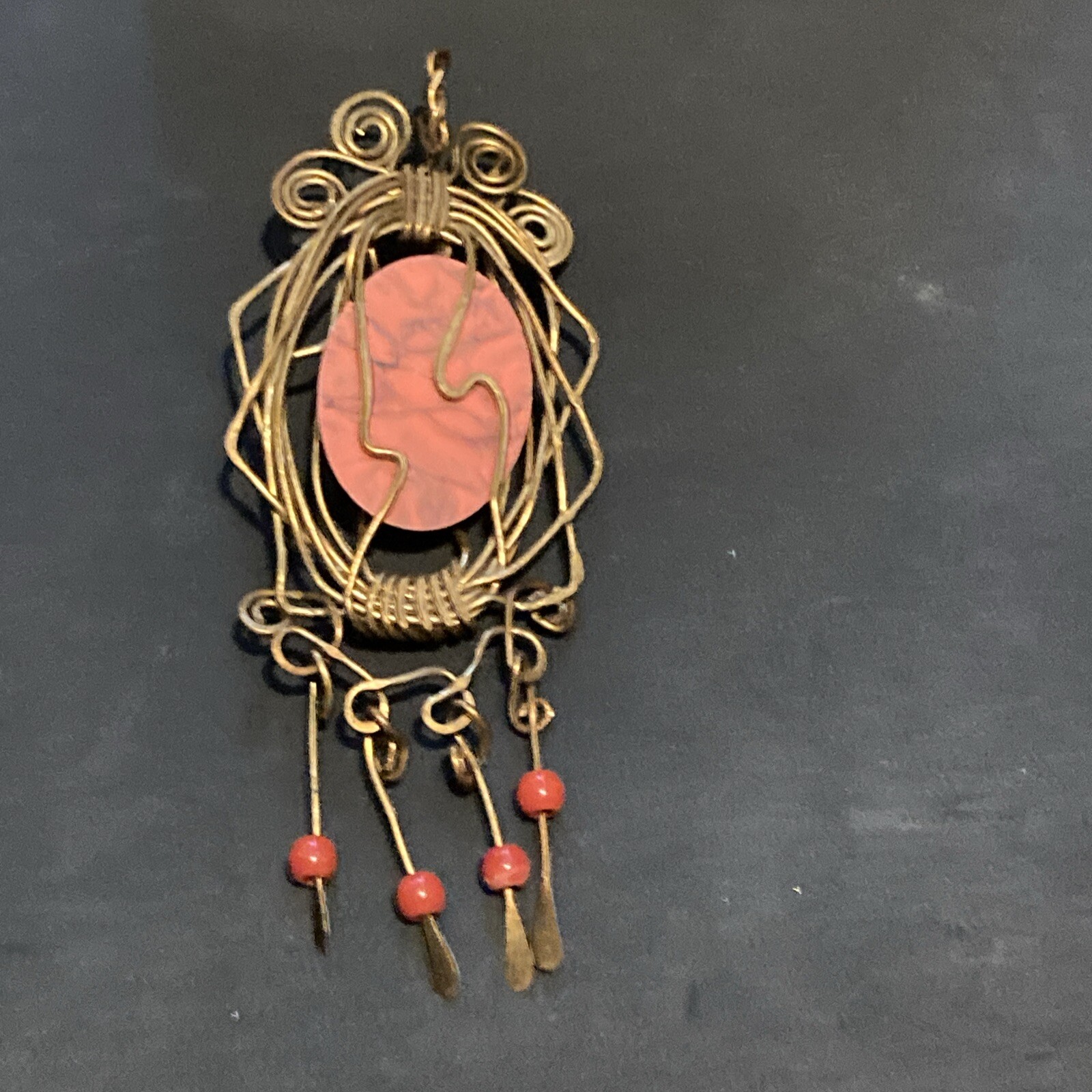 Wire Wrapped Brass Handmade Pendant 3″ Pink Gemstone Jewelry
