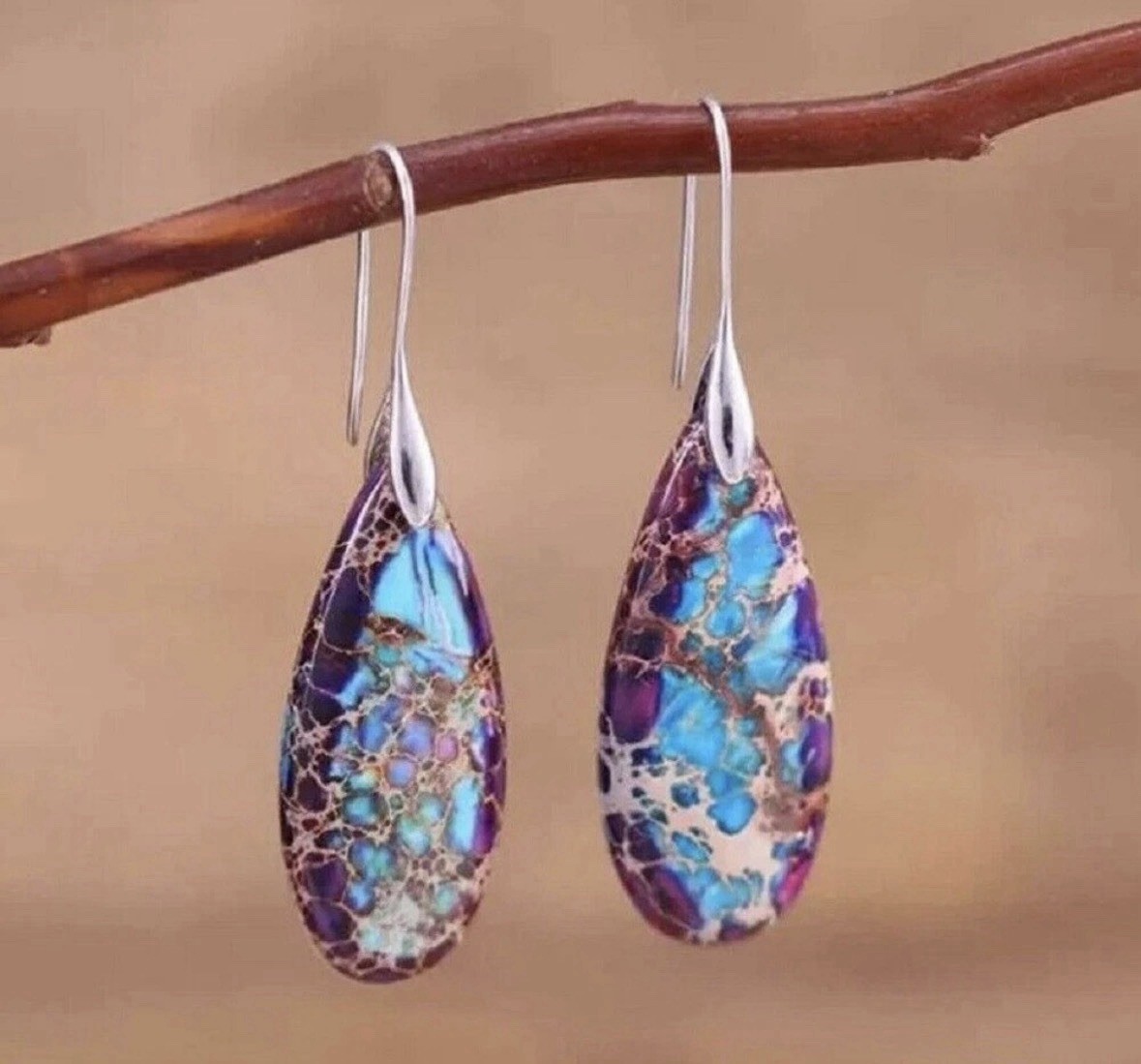 Natural Gem Imperial Jasper Teardrop Silver Hook Drop Earrings