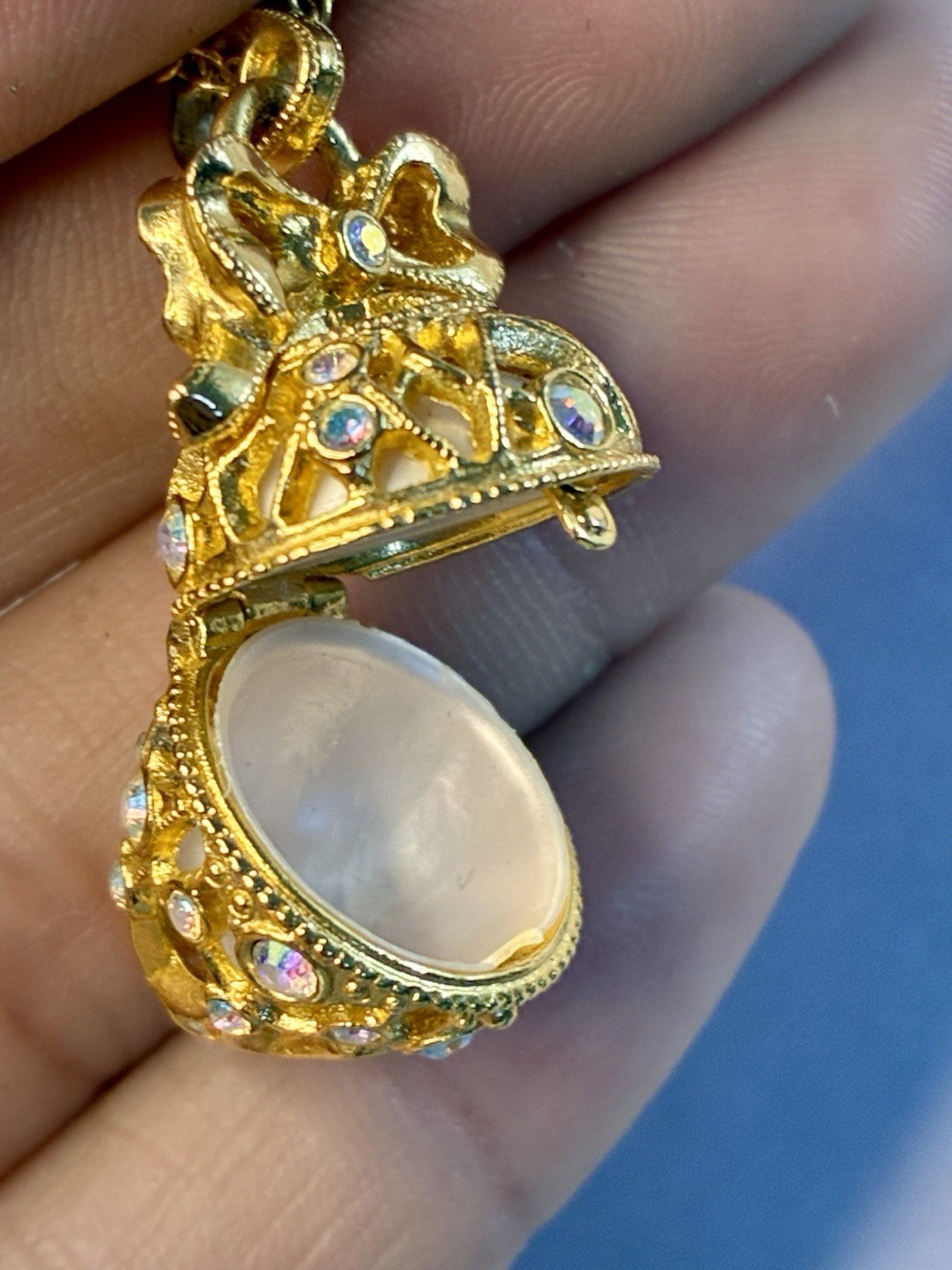 Joan Rivers Gold Fabergé Egg Pendant Clear Rhinestone Rope 30in Signed