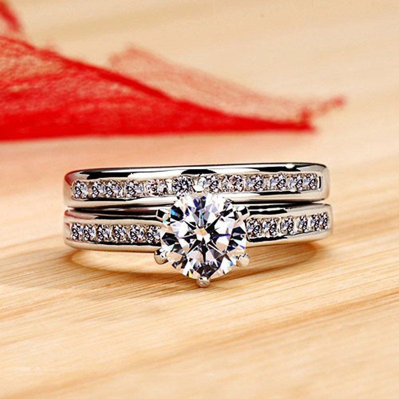 Chic Bridal Ring Set Sparkly Round Cut Solitaire Band Modern Engagement Jewelry